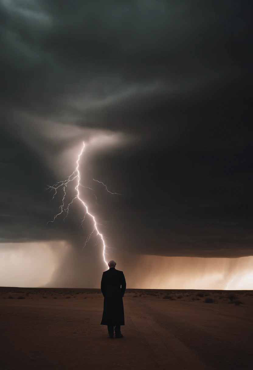 Biblical times, old, frail, skinny, head shaven, half naked man with ulcers on skin, ragged garments,  standing in the middle of the dessert glazing up to a powerful swirling tornado on the sky filled with heavy lightning