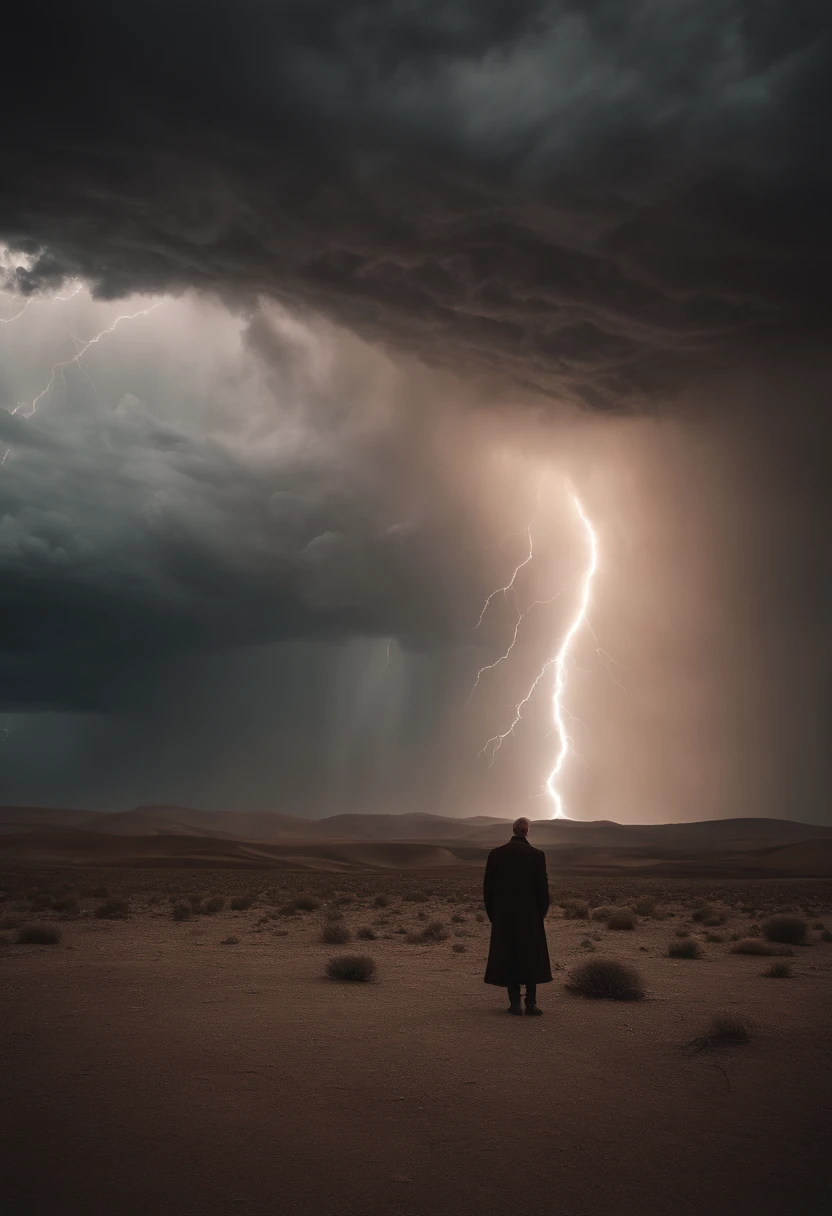Biblical times, old, frail, skinny, head shaven, half naked man with ulcers on skin, ragged garments, standing in the middle of the dessert glazing up to a powerful swirling tornado on the sky filled with heavy lightning