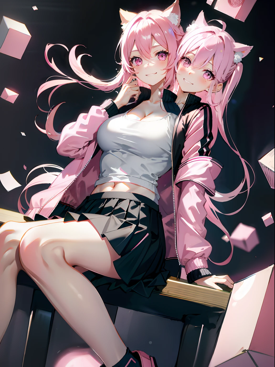 (masterpiece, best quality), best resolution, (2heads:1.5), 1girl, catgirl, blond hair, cat ears, pink eyes, smiling, giggling, friendly, inviting, hitorigotou, hitori gotou, blue eyes, cube hair ornament, hair between eyes, hair ornament, pink hair, one side up, long hair, BREAK black skirt, jacket, long sleeves, pants, pants under skirt, (pink jacket:1.5), pink pants, pleated skirt, skirt, track jacket, track pants, track suit, BREAK looking at viewer