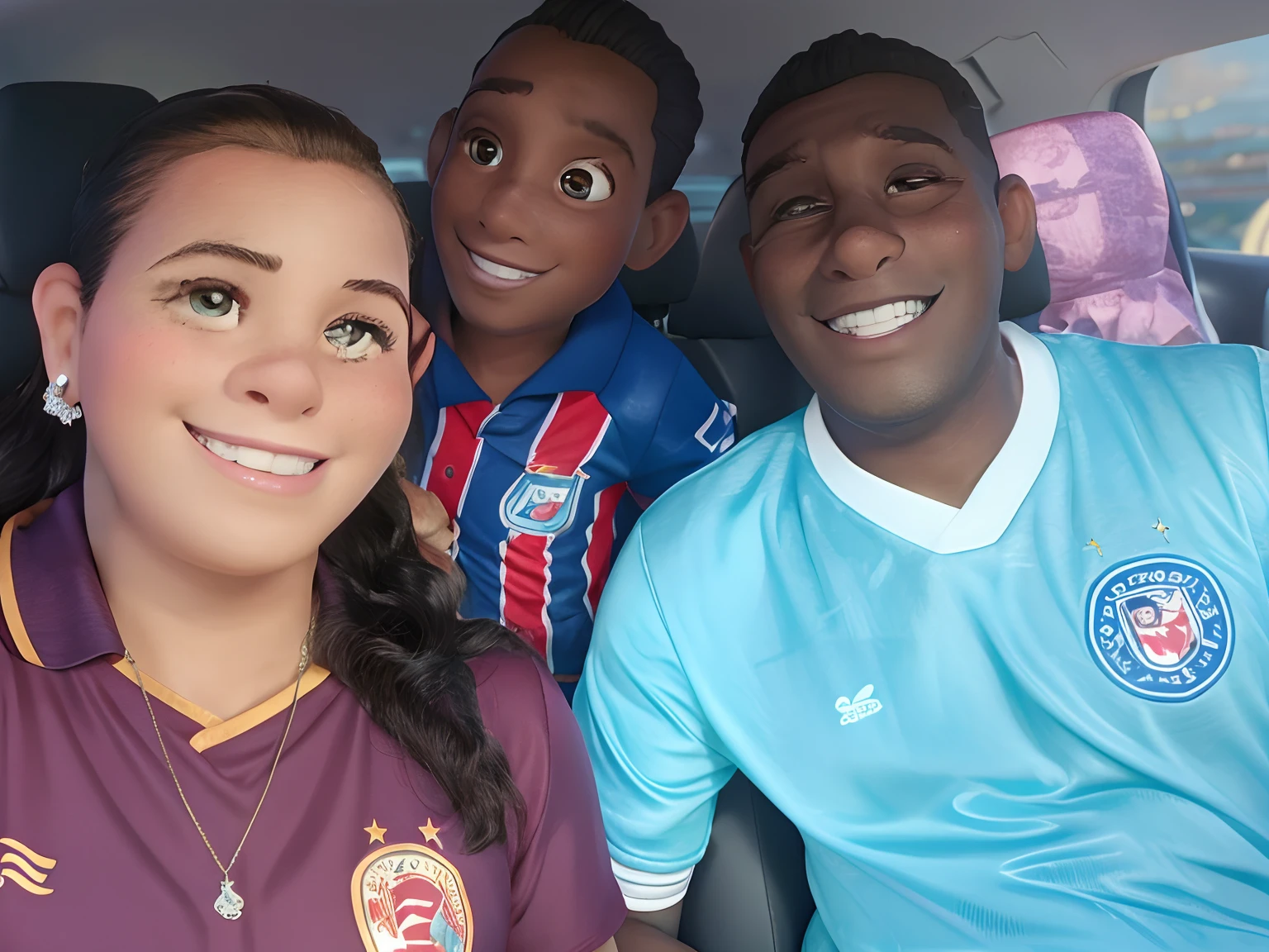 Disney-style image of a family going to a football game. In the background, the Itaipava stadium, Fonte Nova arena in Salvador, Bahia.
