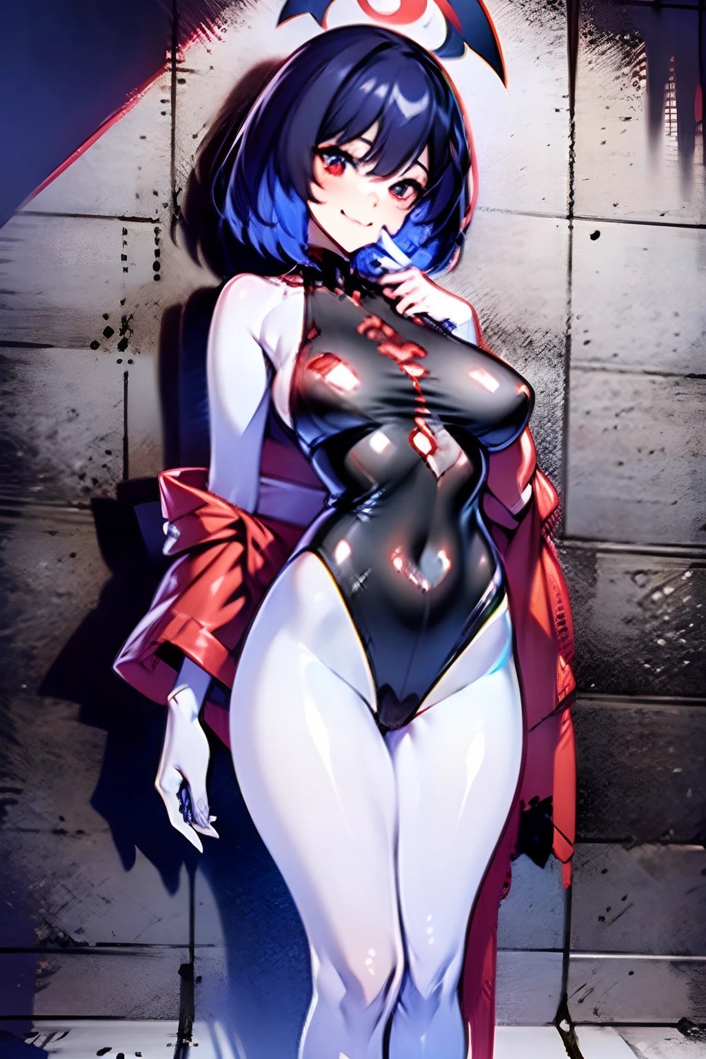 1girll, 独奏, standing on your feet, hair adornments, Blue eyes,, mechanicalparts, electrical wires, electric cables, Failure effect, terror, sci-fy, A futuristic, background inside dark, neonlight, cyber punk perssonage, hyper realisitc, eerie, unnerving, spine-chilling, terror, onesie,red color eyes,Venom possession,Blackened,Long red gloves,Jumpsuits,Skinny one-piece latex clothing,Highlight her gorgeous figure,Wrap the whole body,symbiote,((Raised sexy)),onesie,Red eyes,Venom possession,Blackened,Long red gloves,Jumpsuits,Black latex clothing,Red eyes,Best quality, high resolution, Ultra-detailed, Vivid texture, Mask, Skinny one-piece latex clothing, bangs, Blue hair,Wear socks,Blackened,Wrapped in black slime,A sad expression,Say goodbye to the gaze,Red coat,long eyelasher, solid circle eyes, Light smile, Ear blush, Dark blue hair, hair between eye, Short hair,, Mad eyes,, Crazy smile, Sad smile, Evil smile, crazy, jitome, shaded, Yandere, chin grab, disdain, Evil, Crazy smile, Colored inner hair, Blue hair, Dark blue hair, surrealism, shadowing, anaglyph, stereograms, tachi-e, angle of view, Atmospheric perspective, Chiaroscuro, Cinematic lighting, 8K, Super detail, ccurate, Best quality, hyper HD, retinas, Masterpiece, Textured skin, Award-Awarded, A high resolution, Best quality, Super detail, best qualtiy, 8K, digitial painting,Red coat,Anime girl in red cape