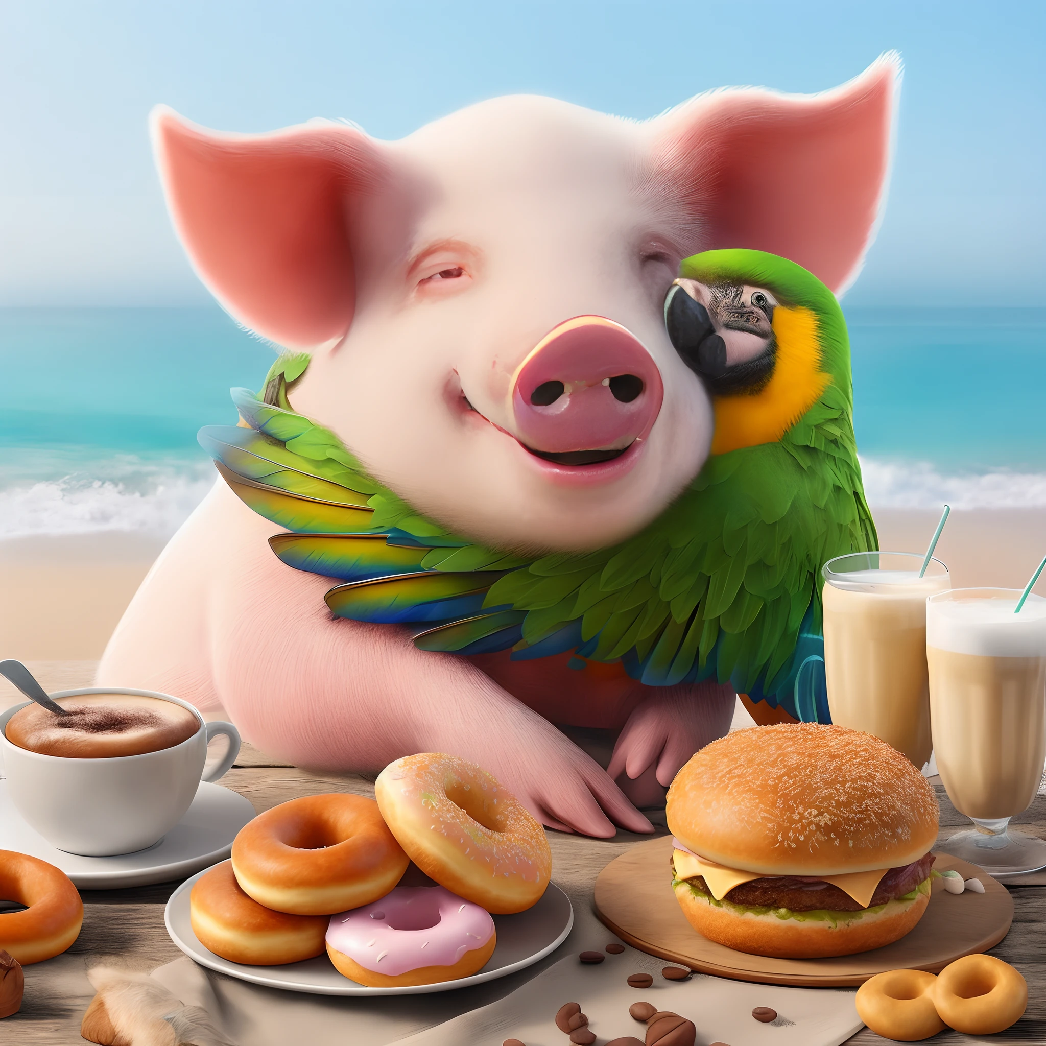 There's a happy pig that's sitting at a table with donuts and a papagallo hugging him with donuts, super realistic food picture, ultra realistic 3d illustration, Imagen ultra realista, Ilustraciones realistas, Estilo fotorrealista, a photorealistic rendering, photorealistic illustration, Escena realista, Arte CG, Estilo 3D realista, Arte realista, CGI fotorrealista, Estilo fotorrealista, 3 d epic illustrations
