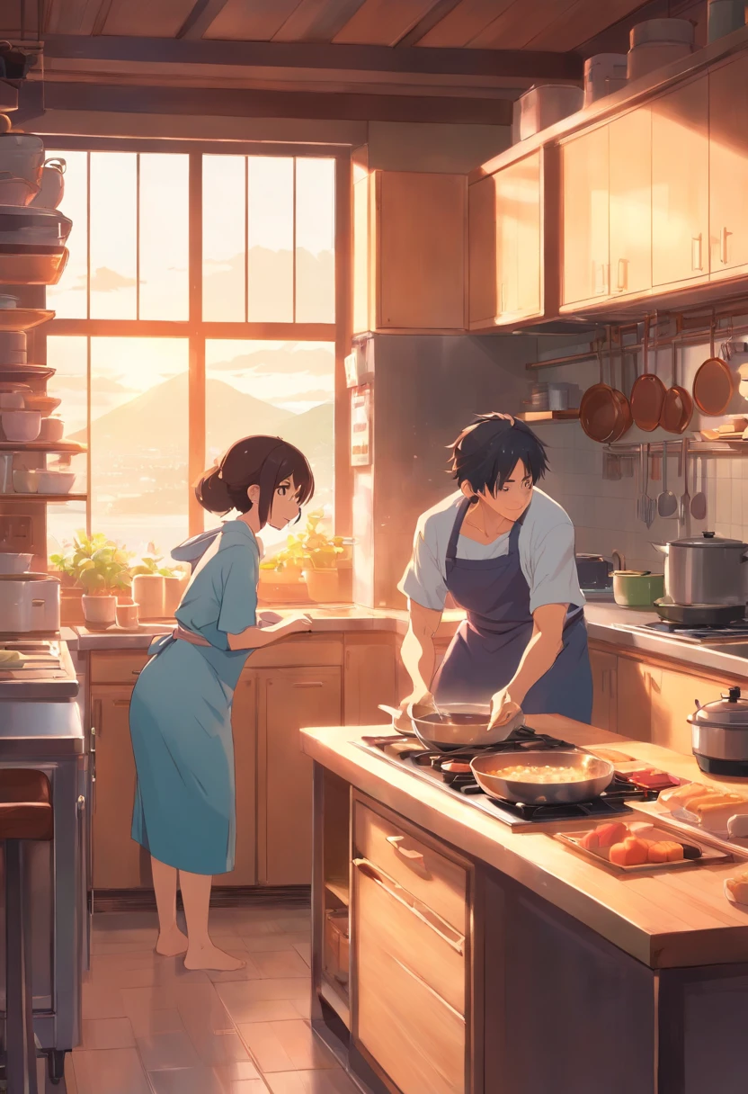 top-quality masterpiece Intimate scene of Japan couple in cozy kitchen, Where a woman is cooking, And the man hugs the woman from behind with gratitude.