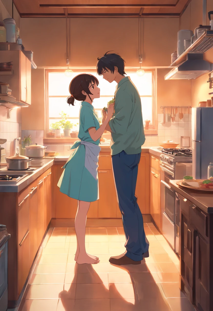top-quality masterpiece Intimate scene of Japan couple in cozy kitchen, Where a woman is cooking, And the man hugs the woman from behind with gratitude.