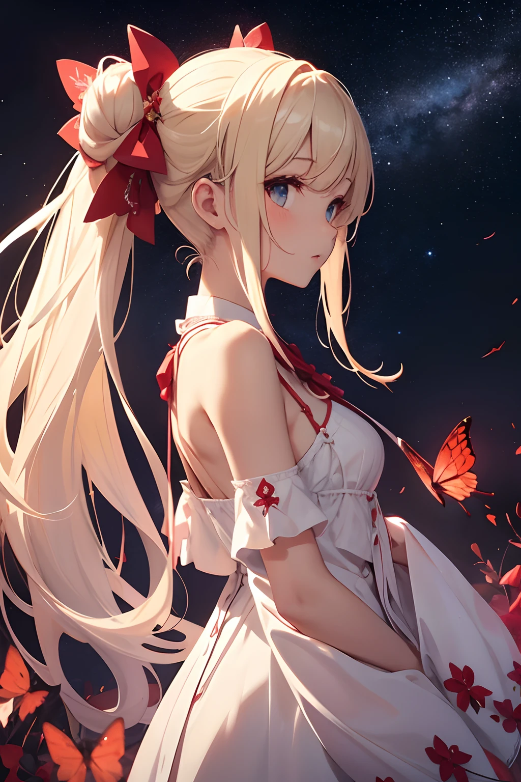 masterpiece、a beauty girl、Red butterflies in a white mini dress with a slit々Embroidery、Blonde Long、Red butterflies with hair tied up in a bun々Pin in、Background with((Fantastic starry sky、kosmos、black hole))、heavy wind