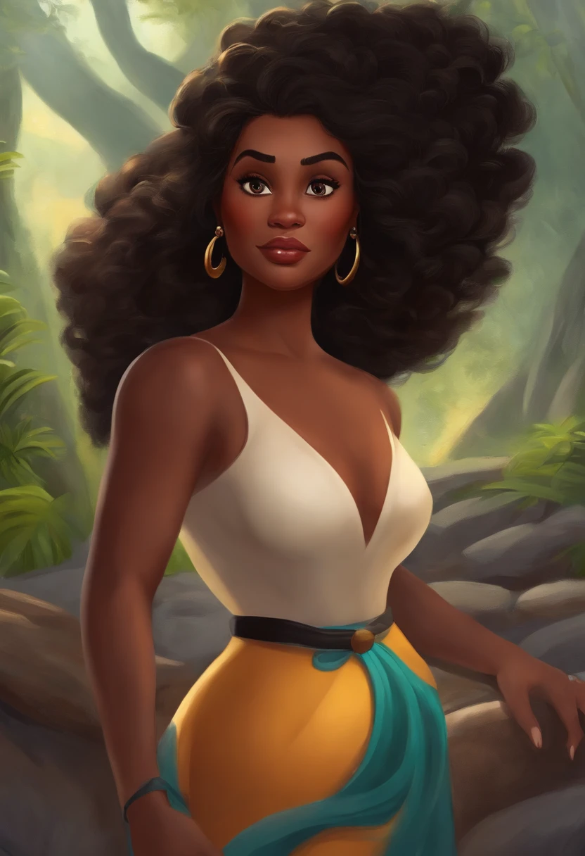 Uma mulher negra de cabelo curto ondulado, olhos castanhos, piercing no nariz e sombracelha em um fundo de quarto estilo Disney pixar bom e em alta qualidade com alta qualidade.