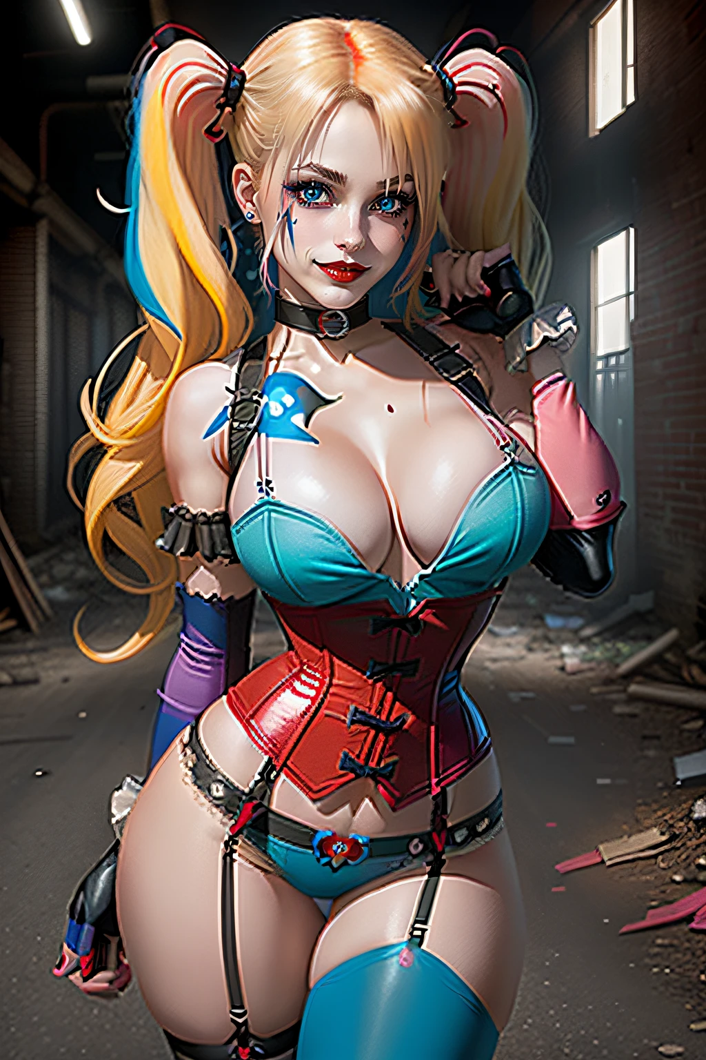 ((Harley quinn from batman comic series)) (wide smile)(beautiful face)(glowing eyes)(red lips) ((very long blonde twin tails hairstyle with side bangs)) (very pale skin) (((very huge breasts))) (perfect slim body) (wears corset, tight blue and pink tiny string thong)) (gloves, choker, blue and red stocking),((hold handgun pistol on hand))(posing sexy on abandoned factory)), (high definition, amazing lights and shadows) ((masterpiece)) (8k) (perfect face) (best quality) (perfect hands, eyes, and face)