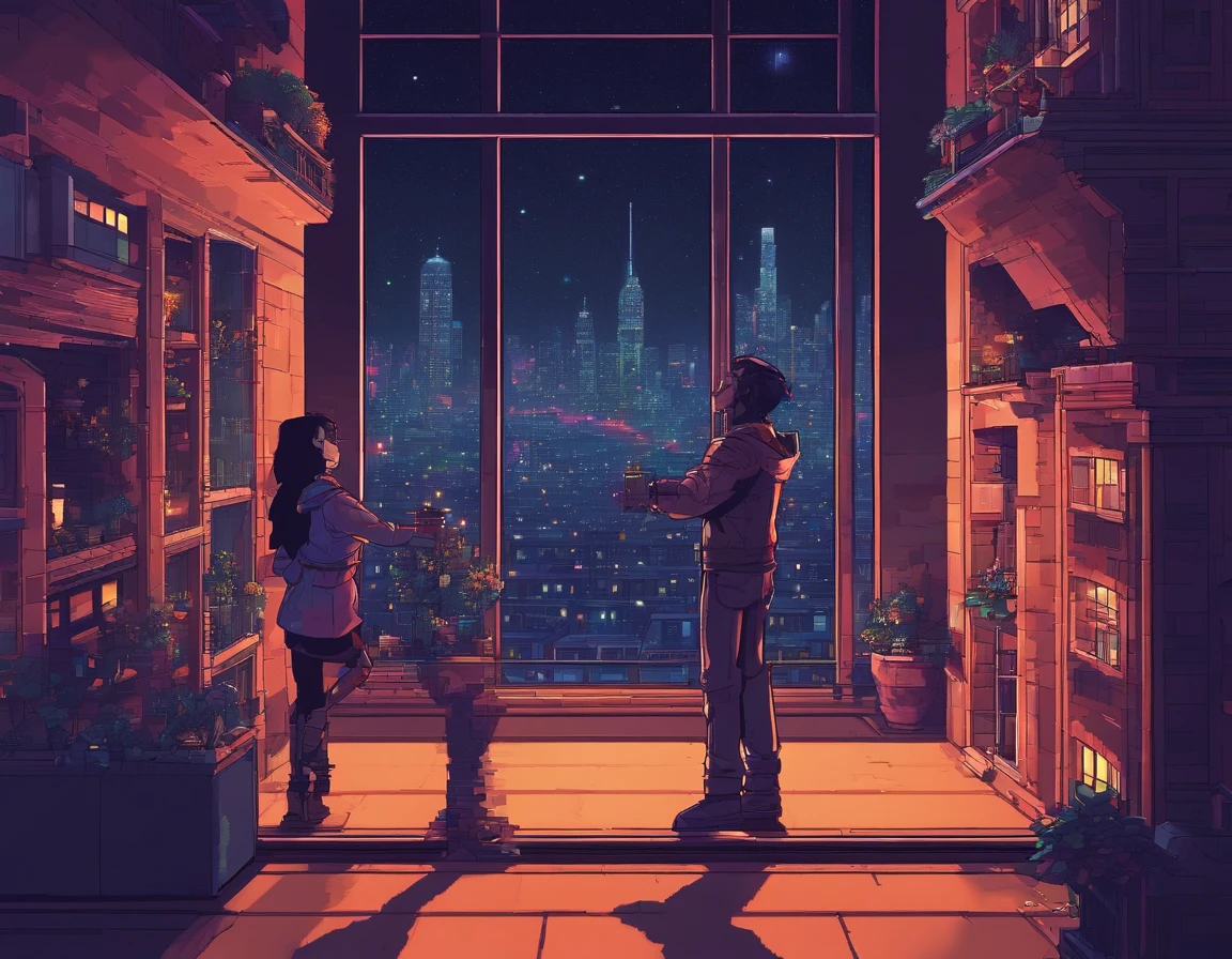 Beautiful couple in the buildings roof on the cyberpunk retro city、they are dancing in front of the stars in the ultra-realistic window at night,8K,Ultra-high definition,Pixar style,High Definition,16:9