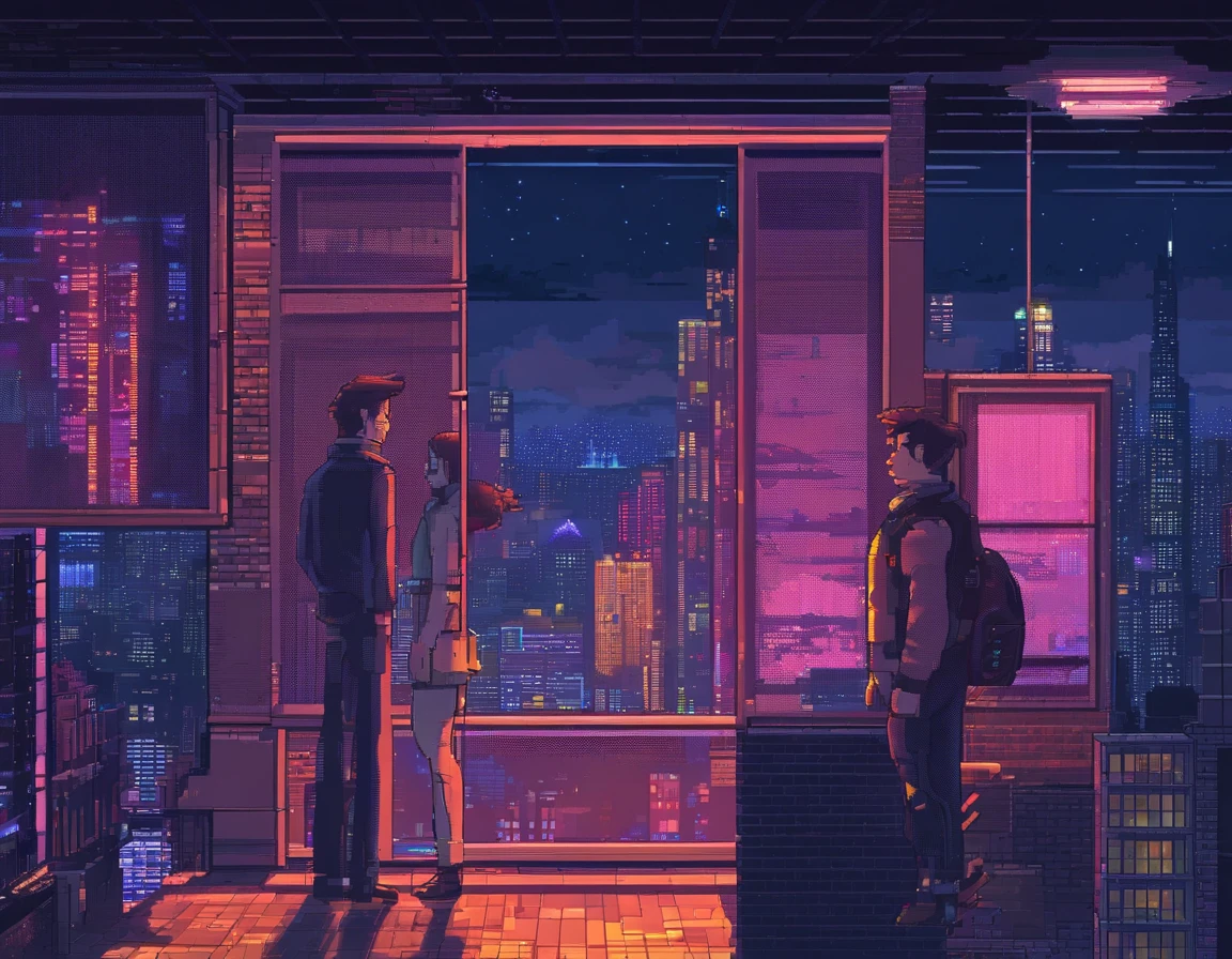 Beautiful couple in the buildings roof on the cyberpunk retro city、they are dancing in front of the stars in the ultra-realistic window at night,8K,Ultra-high definition,Pixar style,High Definition,16:9