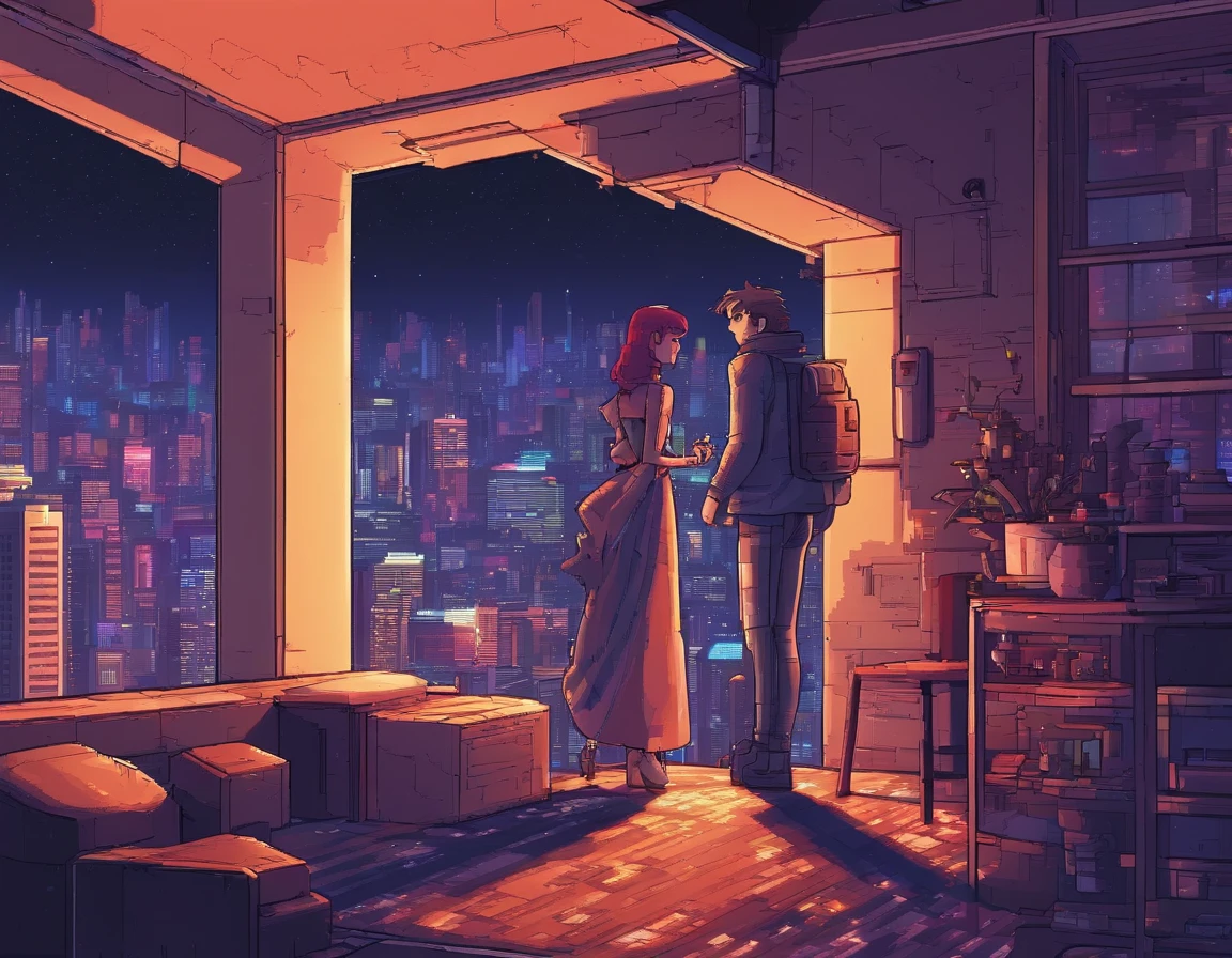 Beautiful couple in the buildings roof on the cyberpunk retro city、they are dancing in front of the stars in the ultra-realistic window at night,8K,Ultra-high definition,Pixar style,High Definition,16:9