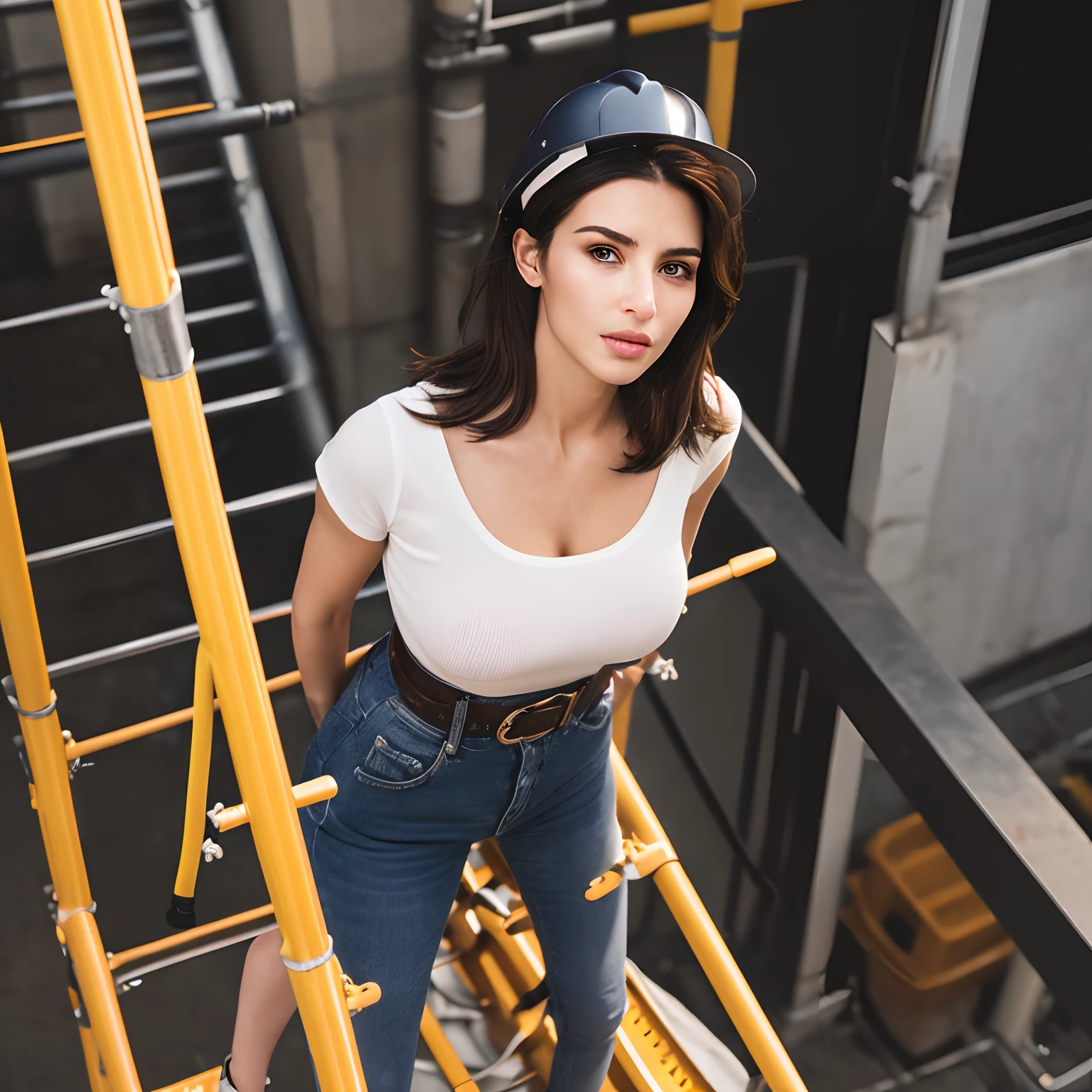 ((Best quality, 8k, Masterpiece :1.3)), full body portrait, Sharp focus :1.2, A pretty woman with perfect figure :1.4, [kim kardashian], Slender abs :1.2, ((Dark brown hair, medium breasts :1.3)), body dress :1.1,  Highly detailed face and skin texture, Detailed eyes, Double eyelid, wearing formfitting white low cut T-shirt and skinny jeans below a high visibility vest and a carpenters toolbelt, full bust visible, wavy hair pouring out from under a hard hat, (((on scaffolding ladder))), (high above the city), acrophobia, construction site below, tall building under construction, intense look and makeup, looking away from viewer, symmetrical eyes, symmetrical face, photorealistic, photography, path tracing, specular lighting, volumetric face light, path traced hair, visible shadows, intricate, elaborate, hyper realistic