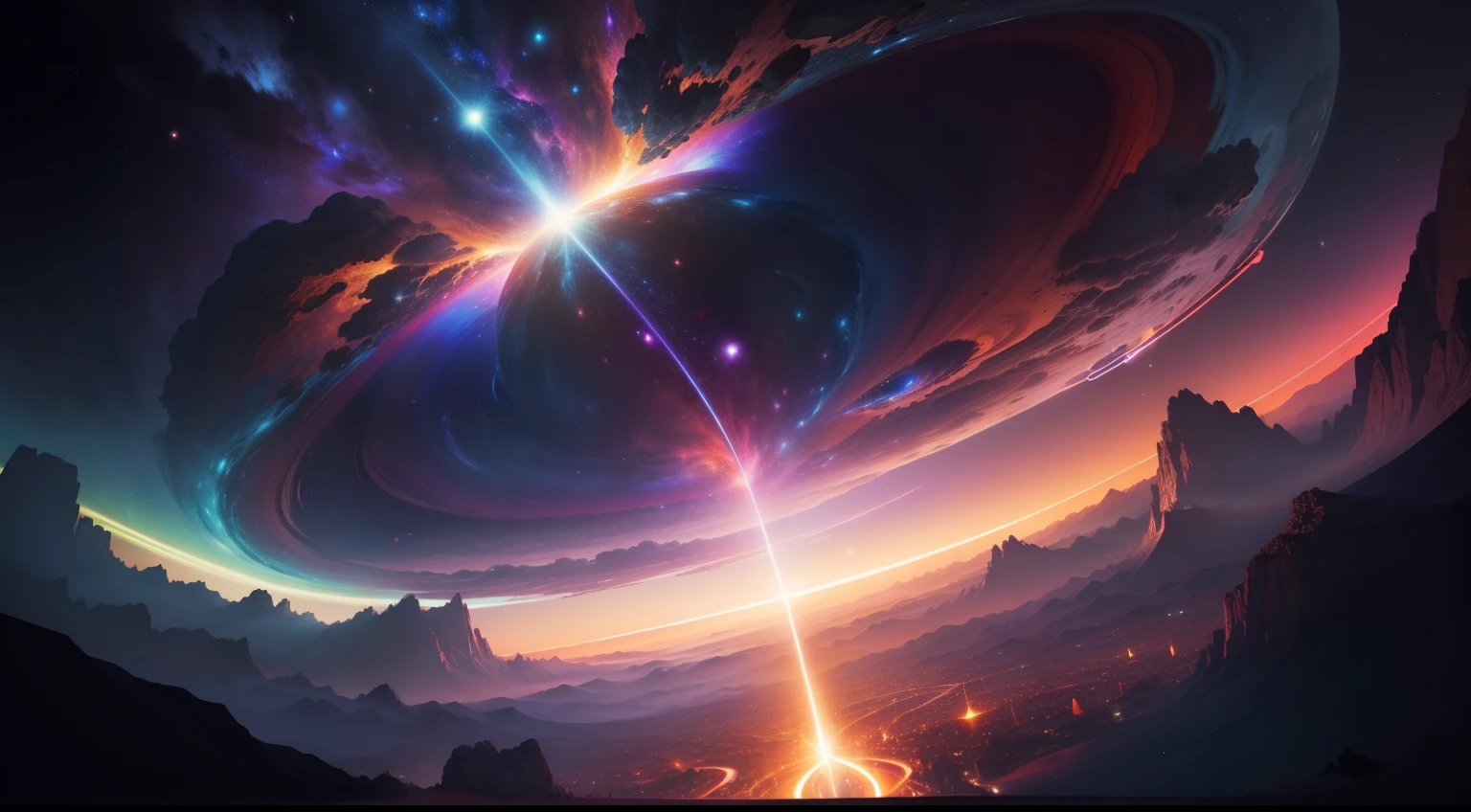 A vibrant and fascinating composition that depicts the creation of the universe. No centro, a dizzying explosion of color and light represents the Big Bang, The magical moment when it all began. Ao redor, Spiral galaxies form, estrelas brilham intensamente e planetas se alinham em perfeita harmonia. A imagem transmite a grandiosidade e a magnitude do cosmos, while inviting the viewer to immerse themselves in a universe of mystery and discovery. Get ready for an epic journey through time and space! Click here and embark on this cosmic adventure!]