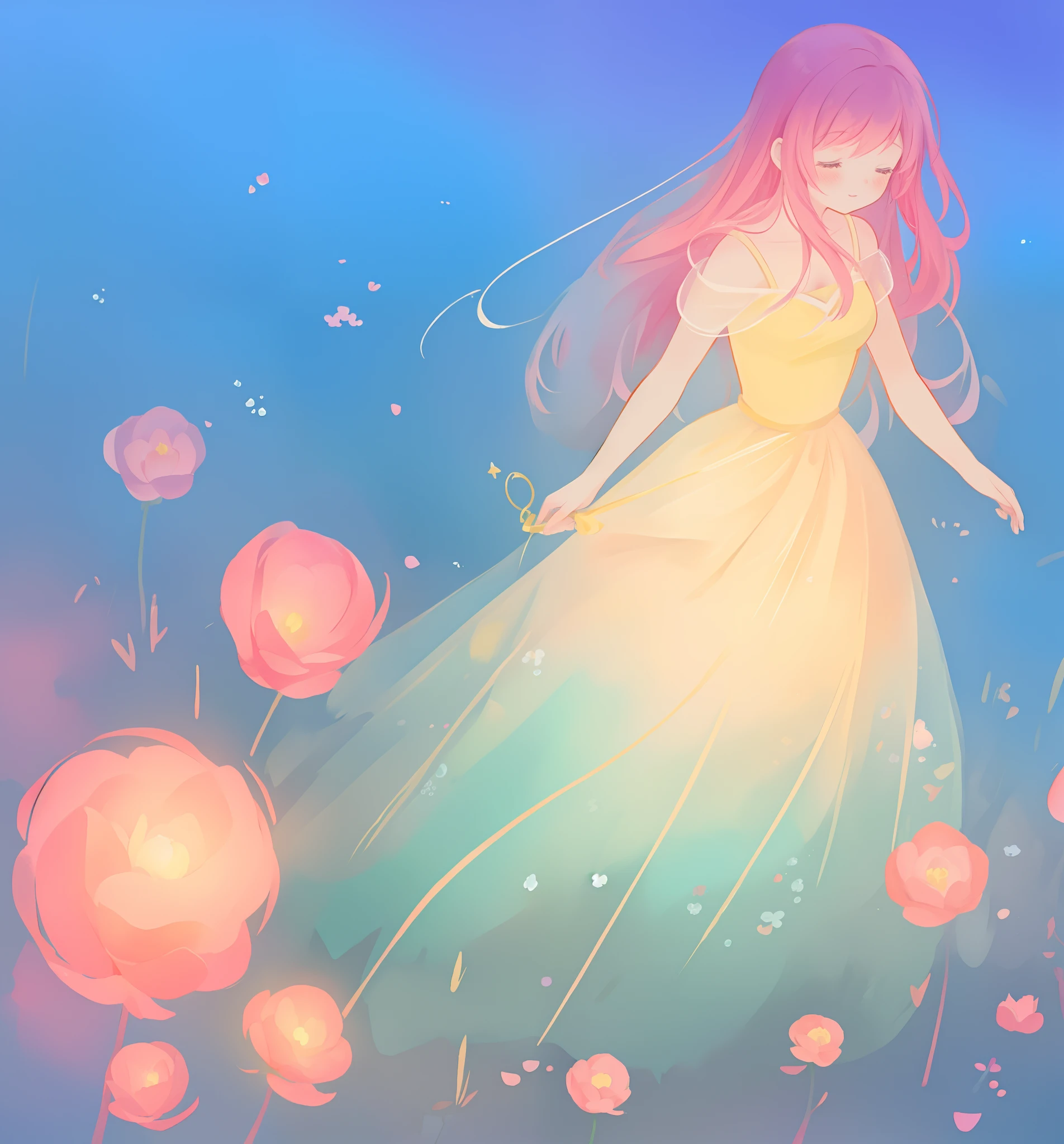 beautiful girl in puffy gradient ballgown, a field with round puffball pink flowers, otherworldly flowers, whimsical landscape, long pink flowing hair, watercolor illustration, inspired by Glen Keane, inspired by Lois van Baarle, disney art style, by Lois van Baarle, by Glen Keane, jen bartel, digital painting, beautiful digital illustration, fantasia otherworldly landscape plants flowers, beautiful, masterpiece, best quality, anime disney style