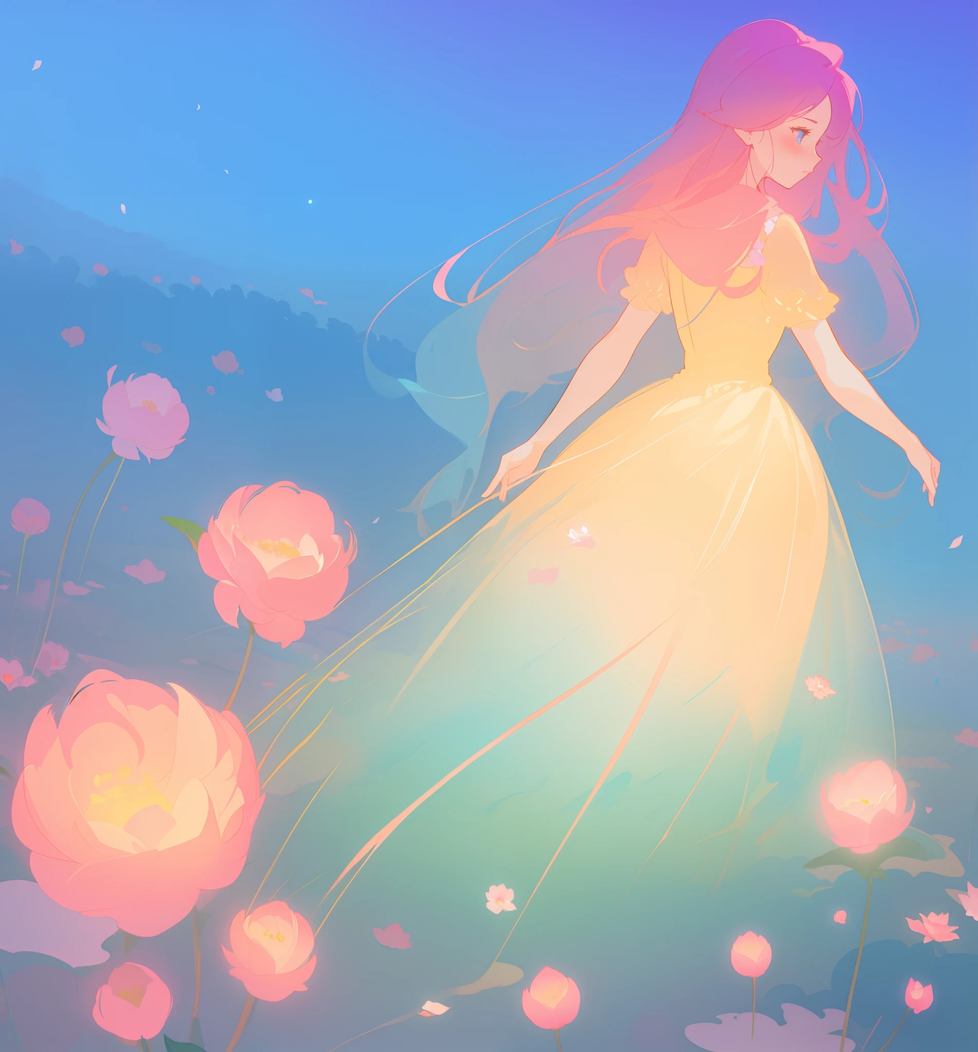 beautiful girl in puffy gradient ballgown, a field with round puffball pink flowers, otherworldly flowers, whimsical landscape, long pink flowing hair, watercolor illustration, inspired by Glen Keane, inspired by Lois van Baarle, disney art style, by Lois van Baarle, by Glen Keane, jen bartel, digital painting, beautiful digital illustration, fantasia otherworldly landscape plants flowers, beautiful, masterpiece, best quality, anime disney style