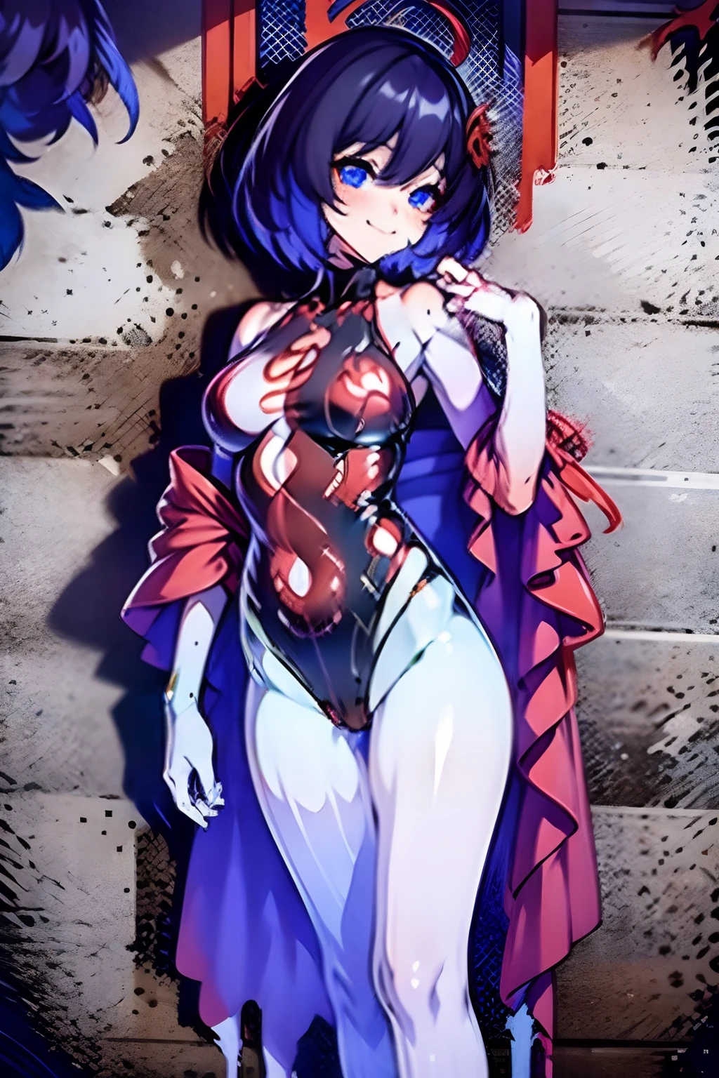 1girll, 独奏, standing on your feet, hair adornments, Blue eyes,, mechanicalparts, electrical wires, electric cables, Failure effect, terror, sci-fy, A futuristic, background inside dark, neonlight, cyber punk perssonage, hyper realisitc, eerie, unnerving, spine-chilling, terror, onesie,Blue eyes,Venom possession,Blackened,Long red gloves,Jumpsuits,Skinny one-piece latex clothing,Highlight her gorgeous figure,Wrap the whole body,symbiote,((Raised sexy)),onesie,Blue eyes,Venom possession,Blackened,Long red gloves,Jumpsuits,Black latex clothing,Red eyes,Best quality, high resolution, Ultra-detailed, Vivid texture, Mask, Skinny one-piece latex clothing, bangs, Blue hair,Wear socks,Blackened,Wrapped in black slime,A sad expression,Say goodbye to the gaze,Red coat,long eyelasher, solid circle eyes, Light smile, Ear blush, Dark blue hair, hair between eye, Short hair,, Mad eyes,, Crazy smile, Sad smile, Evil smile, crazy, jitome, shaded, Yandere, chin grab, disdain, Evil, Crazy smile, Colored inner hair, Blue hair, Dark blue hair, surrealism, shadowing, anaglyph, stereograms, tachi-e, angle of view, Atmospheric perspective, Chiaroscuro, Cinematic lighting, 8K, Super detail, ccurate, Best quality, hyper HD, retinas, Masterpiece, Textured skin, Award-Awarded, A high resolution, Best quality, Super detail, best qualtiy, 8K, digitial painting,Red coat,Anime girl in red cape