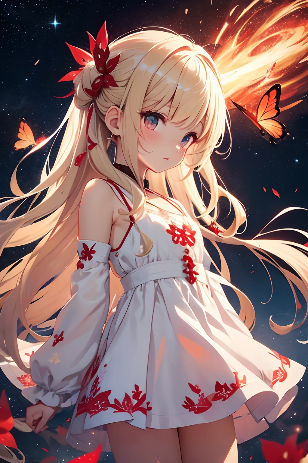 masterpiece、a beauty girl、Red butterflies in a white mini dress with a slit々Embroidery、Blonde Long、Red butterflies with hair tied up in a bun々Pin in、Background with((Fantastic starry sky、kosmos、black hole))、heavy wind