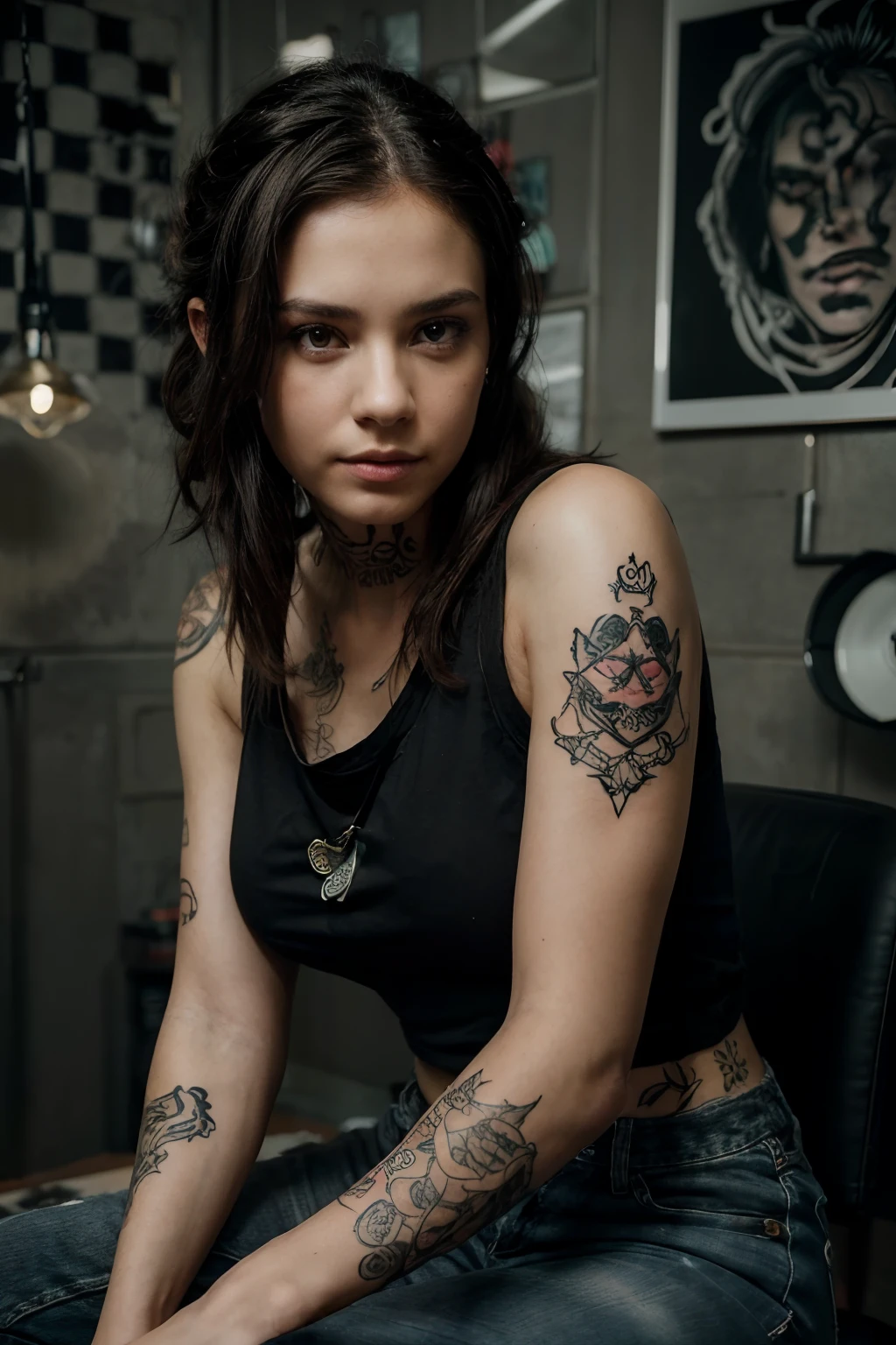 1 woman, solo, raw portrait of (female tattoo artist:0.3) , she sits in front of a wall inside a tattoo studio, (background wall has checkerboard made of different tattoo drawings:1.3)), a variety of tattoo drawings), interior of the tattoo studio we see latest tattoo guns, ink, sanitary items and inspirations, she holds tattooing tool, realistic photo, (40% of photo is black in drawing:1.4), she's has an (amazing tattoos:0.3) skill , (she wears black tshirt with cute graphic print, dark jeans, bandanna in hair, a piercing) and is intensely looking at camera (studio neon light:0.3), smoky, (Rembrandt lighting:0.9) ,(relaxed intimate photoshoot), beautiful face, slight smile, intense presence, (Dai woman),neck tattoo of masterpiece, obsessively detailed artwork, ((wall: common designs, usually drawn on paper or cardboard and displayed prominently on the walls or in binders in some tattoo shops. The selection at tattoo studios can be quite mesmerizing)) , cozy relaxed, catching us, beautiful hands, kind eyes, gorgeous warm lighting:1.4, Zhuo Dan Ting, incredible details, ((high contrast)), (deep, darkest shadows), (shadow details:1.0), ((taken using Leica camera, aperture: f/2.3)) , hyper-realistic skin, pores, scar, mole, (she has dark hair pulled away from face, tidy updo), smokey eye makeup, tattooed skin,, her arms relaxed , relaxed moment, she's in dark with natural light glow, (romantic light:1.2), radiant skin, perfectly framed face, perfect relaxed hands, perfect fingers, (perfect portrait, incredible eyes:1.1), a work of art,sexy beautiful composition, golden ratio, inspiring, (highest quality fabric texture), every detail,Fine facial features – (Highest Quality) ,Leica camera film, High quality ○○ detailed – ○○ details ultra detailed(Ultra-fine ), Photorealistic, Extremely detailed(Extremely detailed) , (highest detail image, lens flare, realistic)○○ res – ○○ resolution ultra high res(A high resolution),playful relaxed photos