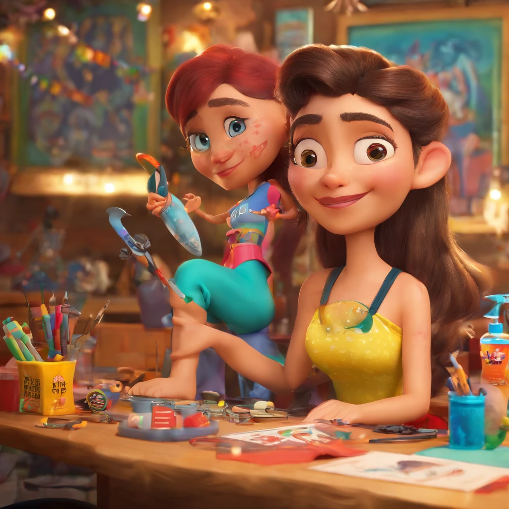 create a 3D movie poster inspired by Disney Pixar, The scene should be in Pixar's signature digital art style, com uma imagem caricatural que lembra a cantora brasileira "Anita" in the prone position, Wearing a bikini while a tattoo artist is sitting tattooing with a giant ring on one hand, inside a tattoo parlor.