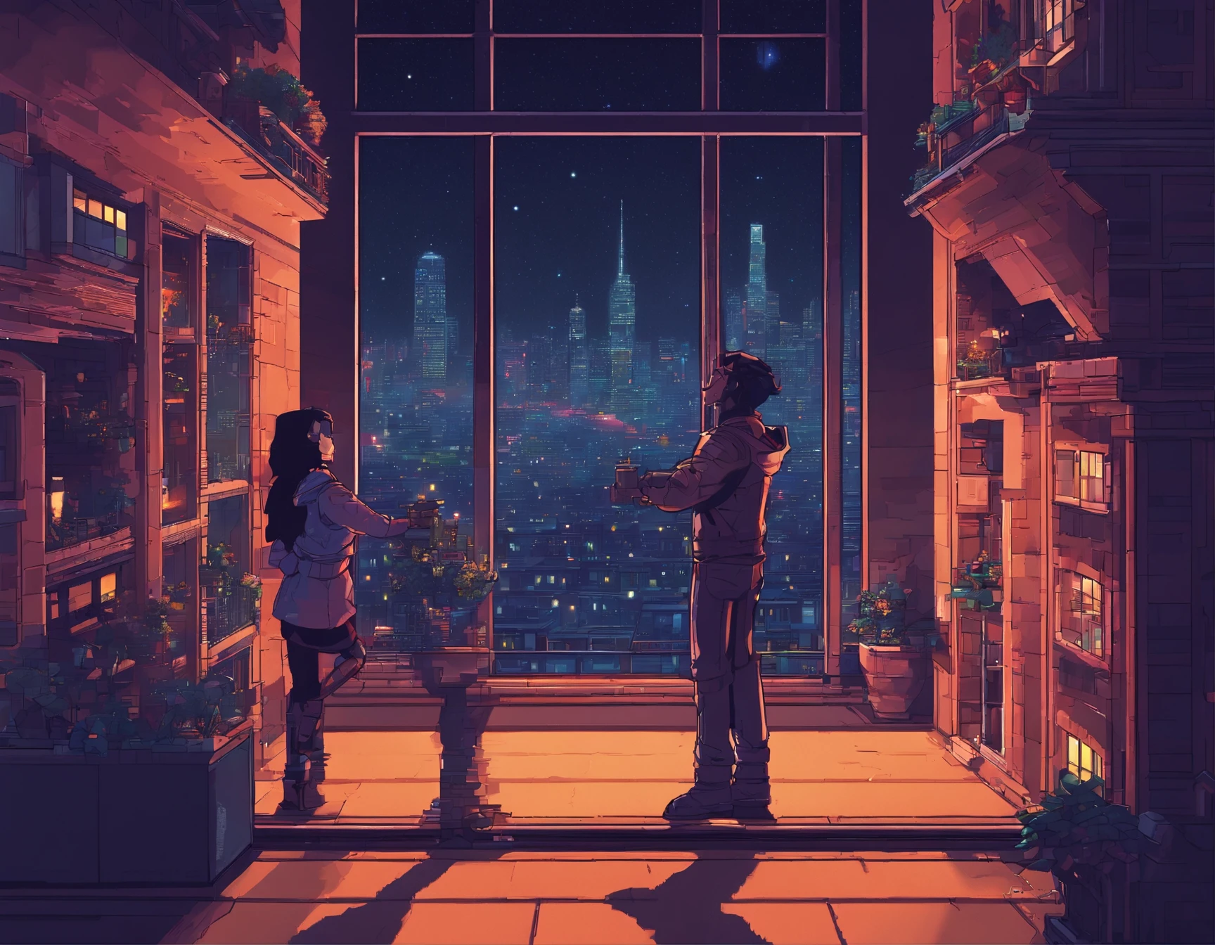 Beautiful couple in the buildings roof on the cyberpunk retro city、they are dancing in front of the stars in the ultra-realistic window at night,8K,Ultra-high definition,Pixar style,High Definition,16:9