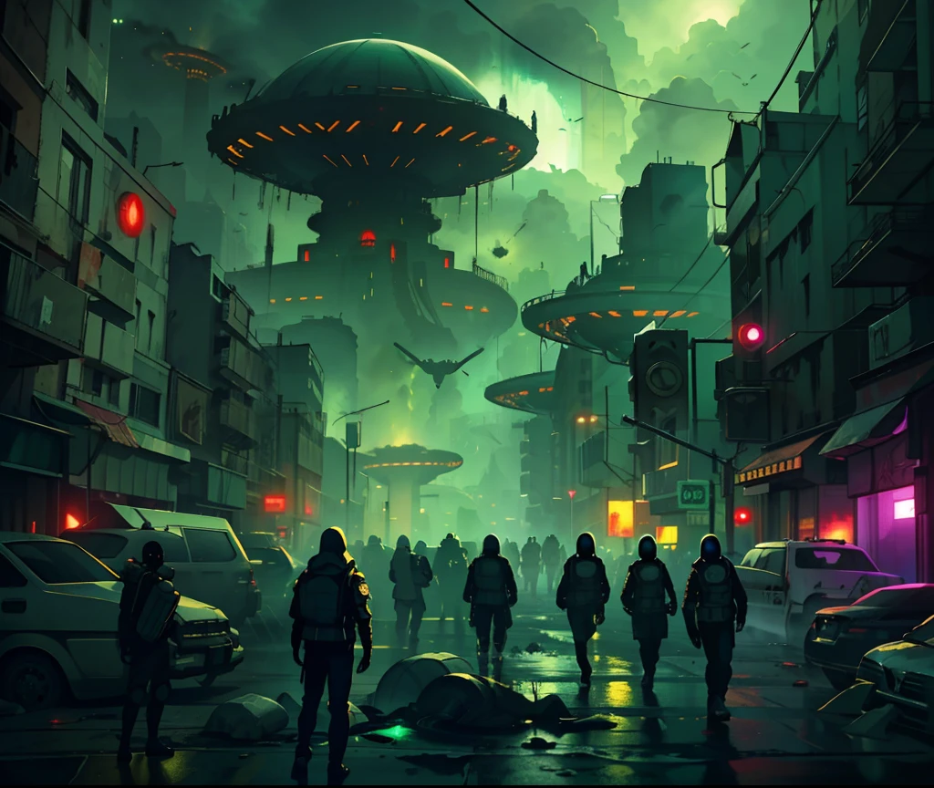 "Creepy scene of intense alien invasion,The atmosphere is dark, Dramatic lighting, and drastic action. Demonstrate powerful alien creatures, Advanced technology, ruined cityscapes, Panicked civilians, and a sense of imminent danger. Generate disturbingly immersive images,Capture the chaos and horror of the otherworldly invasion."