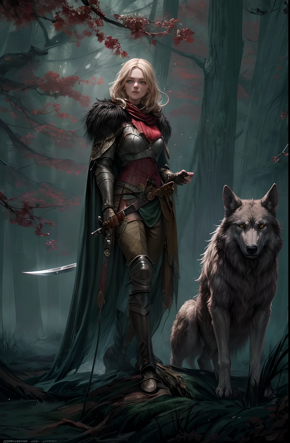fantasy art, RPG art, Dark fantasy art, ultra wide shot, RAW, photorealistic, a picture of female human ranger and her wolf pet, the ranger, an exquisite beautiful human woman, long blond hair, braided hair, green eyes, wearing leather armor, wearing (red cloak: 1.1), armed with a (sword: 1.3), wearing laced boots, standing in a dark forest at night, (mist rising from the grounds: 1.3), a sense of dread and fear, yet she stands defiant and fearless, her wolf pet stands near her, protecting her, dark fantasy forest background, best quality, 16k, [ultra detailed], masterpiece, best quality, (ultra detailed), full body, ultra wide shot, photorealism