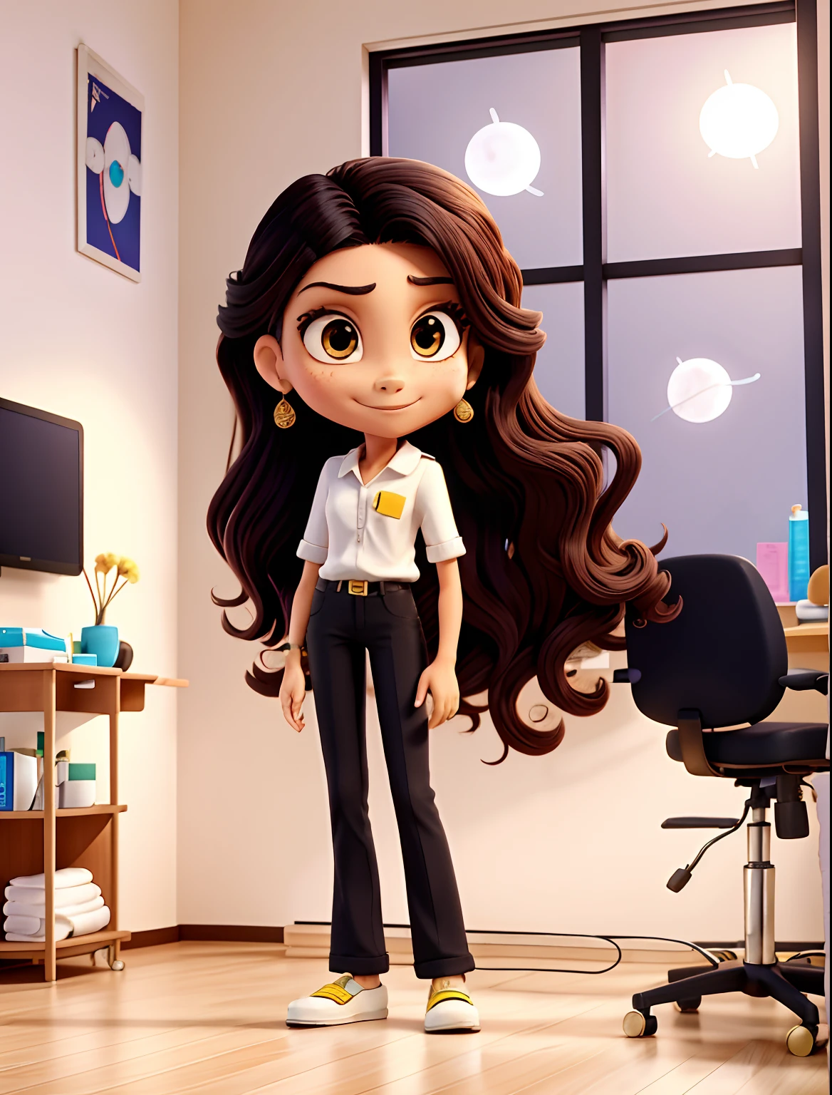 linda mulher, Mestizo of Brazilian and Japanese, have a long wavy brow hair, wearing a black pantaloon pants and white feminine shirt, into the her podiatrist clinic, this clinic is a white, elegant and beautiful clinic, there are two windows, a podiatrist chair, and beautiful lustre