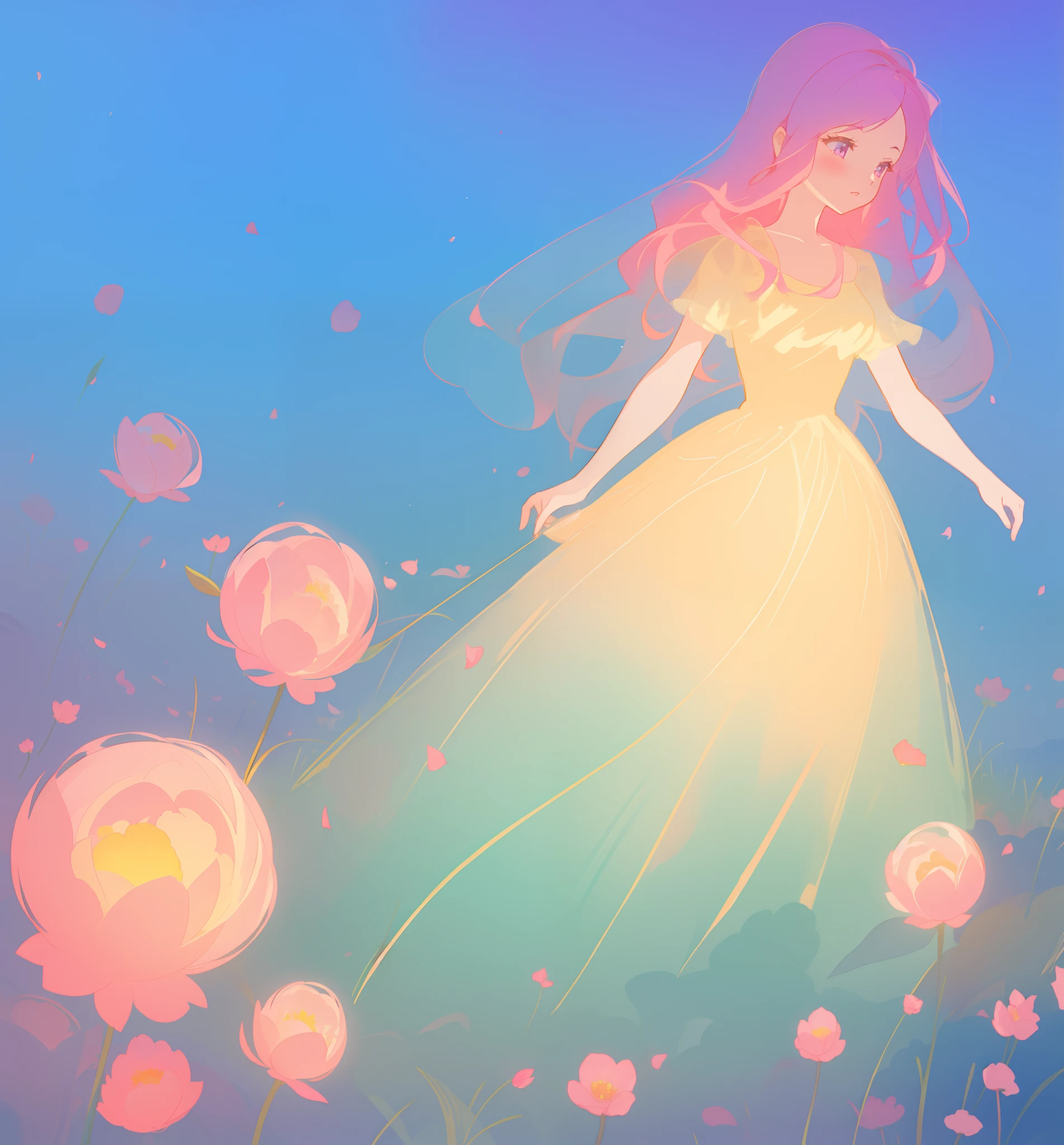 beautiful girl in puffy gradient ballgown, a field with round puffball pink flowers, otherworldly flowers, whimsical landscape, long pink flowing hair, watercolor illustration, inspired by Glen Keane, inspired by Lois van Baarle, disney art style, by Lois van Baarle, by Glen Keane, jen bartel, digital painting, beautiful digital illustration, fantasia otherworldly landscape plants flowers, beautiful, masterpiece, best quality, anime disney style