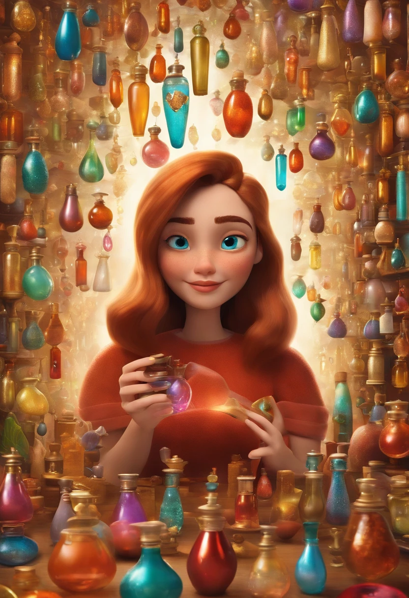 A collector of ideas inspired by Pixar animation, de perto. She is surrounded by a collection of magic vials, each containing a unique idea. The focus is on the character, with a captivating facial expression, Against a backdrop of shimmering, cores efervescentes.
