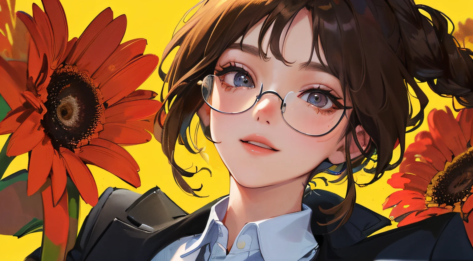 (((1人の女性)))、(Top resolution、Distinct_image) best qualtiy、((Black suit jacket)),(((Gerbera 1)))、contrasts of light and shadow、eye glass、Simple yellow background、((Soaring light))、((illuminating))、ighly detailed、Semi-realistic、Brown hair、Braided hairstyle、Smile、bangss、20yr old、Office Lady,,年轻、((White shirt))、((View from below))、delicated facial features、Facial features、