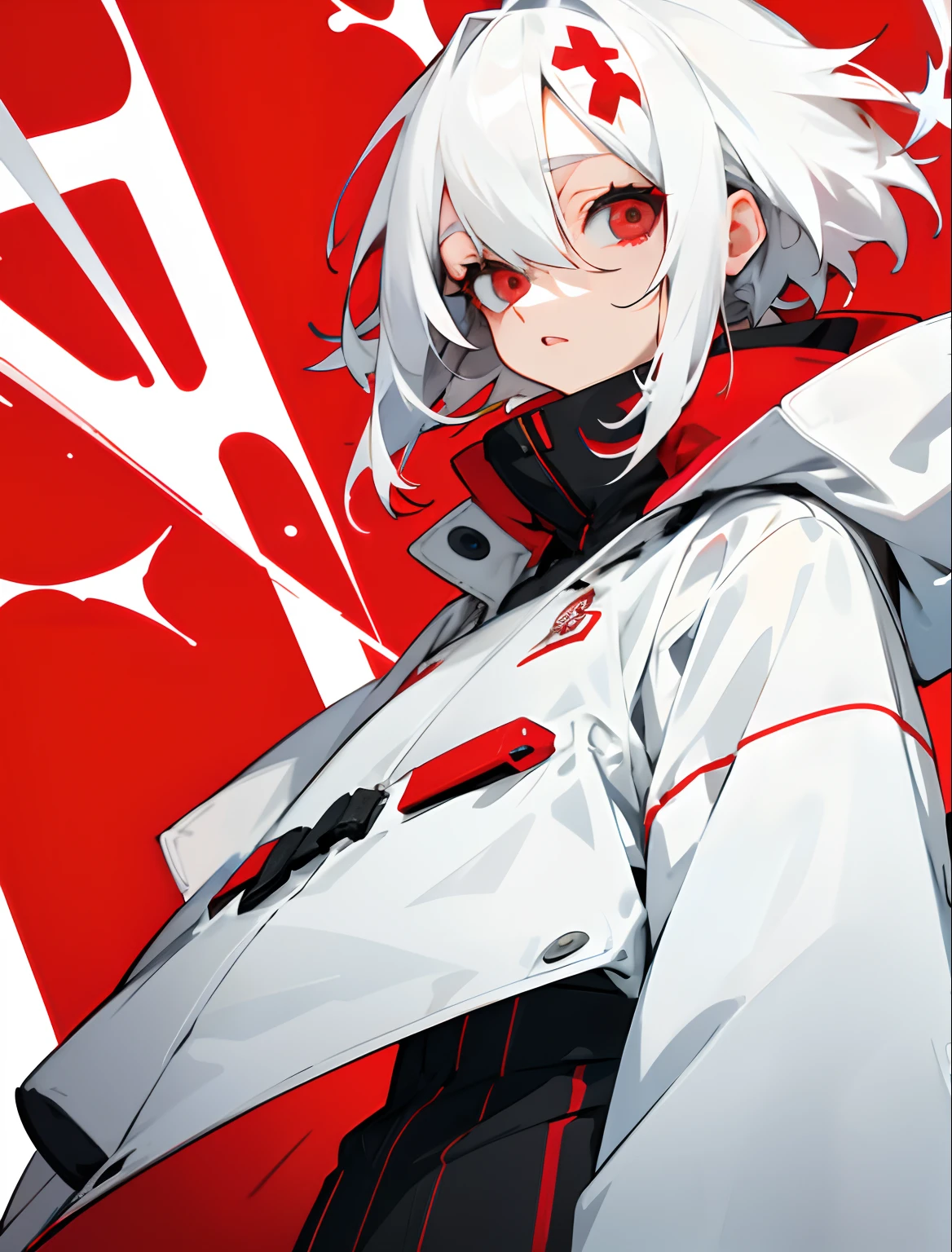 White hair,Short,Woman,2D beautiful girl,parka,red and white background,Eyes are blue,Anime style
