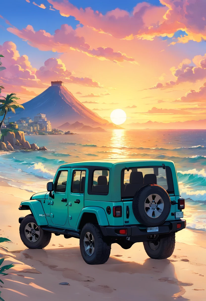 sticker design, Jeep Gladiator Gravity, Sunset background, palmeiras, 5 layers of color, Beach by the sea,