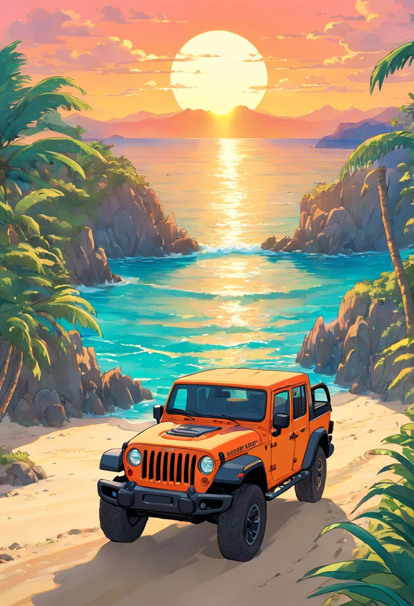 sticker design, Jeep Gladiator Gravity, Sunset background, palmeiras, 5 layers of color, Beach by the sea,