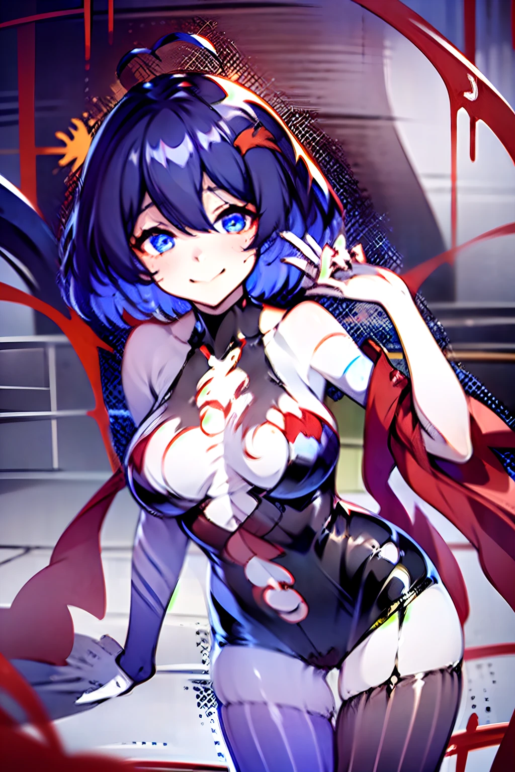 1girll, 独奏, standing on your feet, hair adornments, Blue eyes,, mechanicalparts, electrical wires, electric cables, Failure effect, terror, sci-fy, A futuristic, background inside dark, neonlight, cyber punk perssonage, hyper realisitc, eerie, unnerving, spine-chilling, terror, onesie,Blue eyes,Venom possession,Blackened,Long red gloves,Jumpsuits,Skinny one-piece latex clothing,Highlight her gorgeous figure,Wrap the whole body,symbiote,((Raised sexy)),onesie,Blue eyes,Venom possession,Blackened,Long red gloves,Jumpsuits,Black latex clothing,Red eyes,Best quality, high resolution, Ultra-detailed, Vivid texture, Mask, Skinny one-piece latex clothing, bangs, Blue hair,Wear socks,Blackened,Wrapped in black slime,A sad expression,Say goodbye to the gaze,Red coat,long eyelasher, solid circle eyes, Light smile, Ear blush, Dark blue hair, hair between eye, Short hair,, Mad eyes,, Crazy smile, Sad smile, Evil smile, crazy, jitome, shaded, Yandere, chin grab, disdain, Evil, Crazy smile, Colored inner hair, Blue hair, Dark blue hair, surrealism, shadowing, anaglyph, stereograms, tachi-e, angle of view, Atmospheric perspective, Chiaroscuro, Cinematic lighting, 8K, Super detail, ccurate, Best quality, hyper HD, retinas, Masterpiece, Textured skin, Award-Awarded, A high resolution, Best quality, Super detail, best qualtiy, 8K, digitial painting,Red coat,Anime girl in red cape