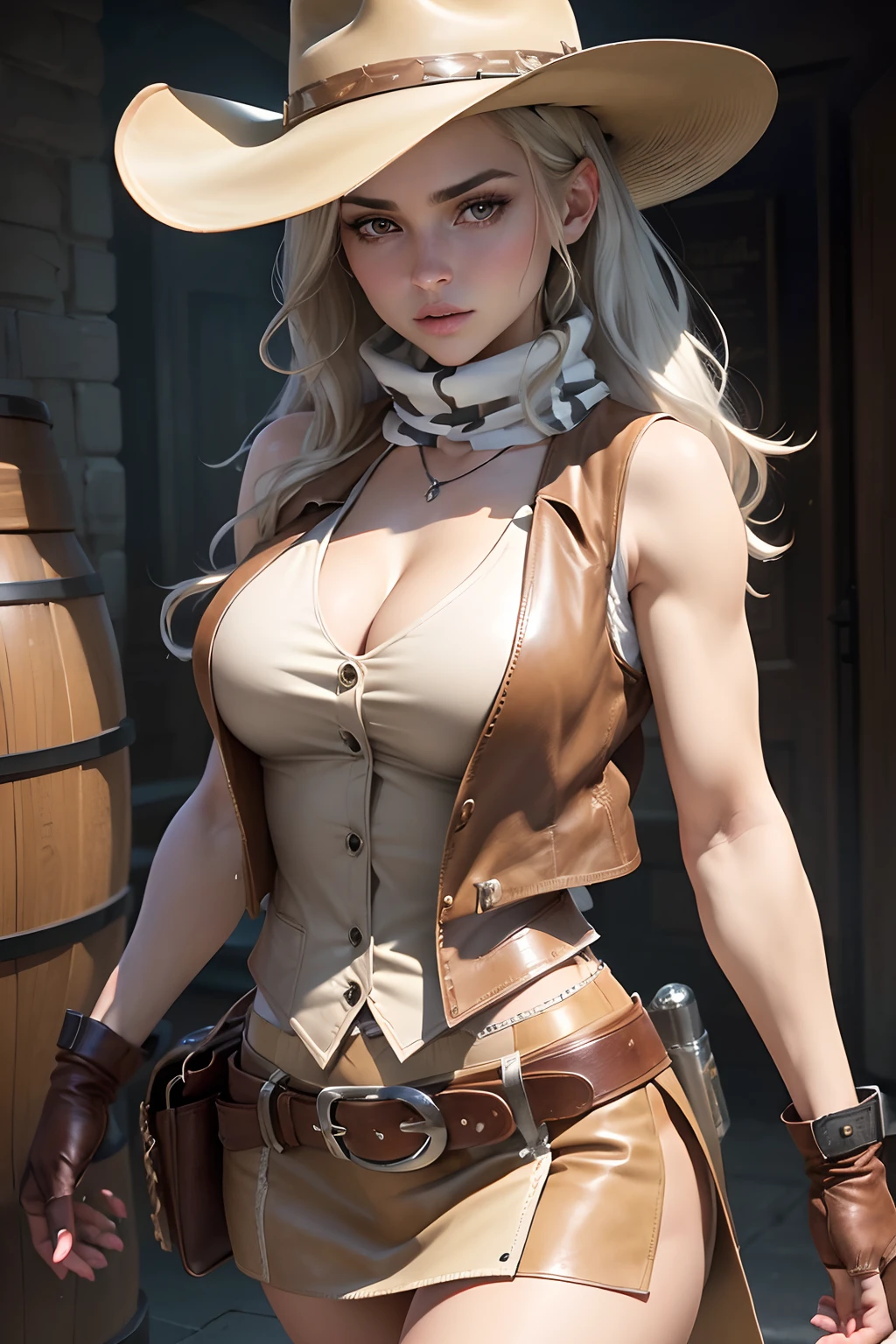 (best quality, 4k, 8k, highres, masterpiece:1.2), ultra-detailed, detailed face, detailed lips and eyes, attractive appearance, expressive face, realistic,BREAK Valerie the Thief beautiful caucasian woman with messy wavy shoulder length blonde hair, 23 years old, ((big eyes)), ((brown eyes)), brown eyebrows, fair skin, lean and athletic, defiant expression,BREAK (beige and brown theme:1.4),(ten-gallon hat:1.5),(wear a (open beige leather vest) over a white tank top:1.5),((sleeveless, bare shoulders, cleavage):1.3),(beige mini-skirt with fringe:1.4),BREAK (white inner:1.2),(checkered-pattern cowboy-scarf:1.2),(silver oval belt-buckle:1.3),(western-boots with spur:1.1),(holster on belt:1.3),(brown leather gloves:1.2)