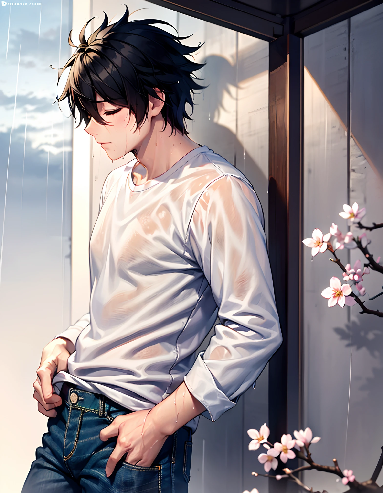 (masterpiece,best quality, detailed), solo, male focus, l lawliet, white shirt, jeans, long sleeves, closed mouth, cherry blossom, rain, wet shirt, wet hair, closed eyes, upper body, arms holding both sides of waist, side profile, sexy, cloudy sky, hair down