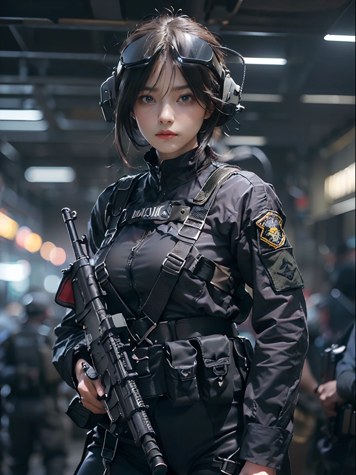 ((best quality, (masterpiece), photorealistic, photorealism, Photorealistic, high resolution)), 1girl full body, aiming with an assault rifle, another girl squatting behind, Combat pose, a bit chubby, (Detailed face), (wearing rash-guard likes police uniform, gloves, black and grey mecha, wearing futuristic-headset, black tights, military harness, holding a machinegun, carrying hich-tech-launcher), background grey wall, Fingers are occluded