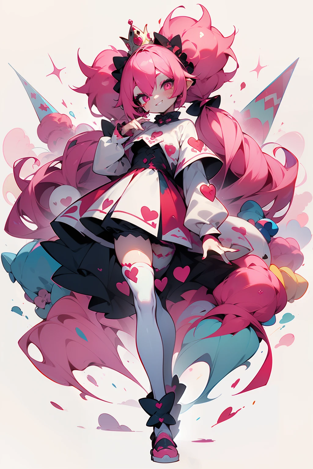 crazy cloud haired girl, pink hair, full body picture, pink eyes, heart shaped pupils, insane smile, blood splatter, 1GIRL, insane girl in long pink hair, crown, princess bubblegum style, finely detailed, (best quality), (intricate details), cute style, loli, jester style, multicolored, ((long pink messiest hair in pigtails)), best quality, ((long sleeve shirt and shorts)), ((red and white clothes)), ((jester style clothes)), ((thigh high socks)), ((round eyes)), ((has jester makeup)), beautiful face, happy, cute face, pinup, perfect face, simple background portrait, clowh hear cards, bubble gums