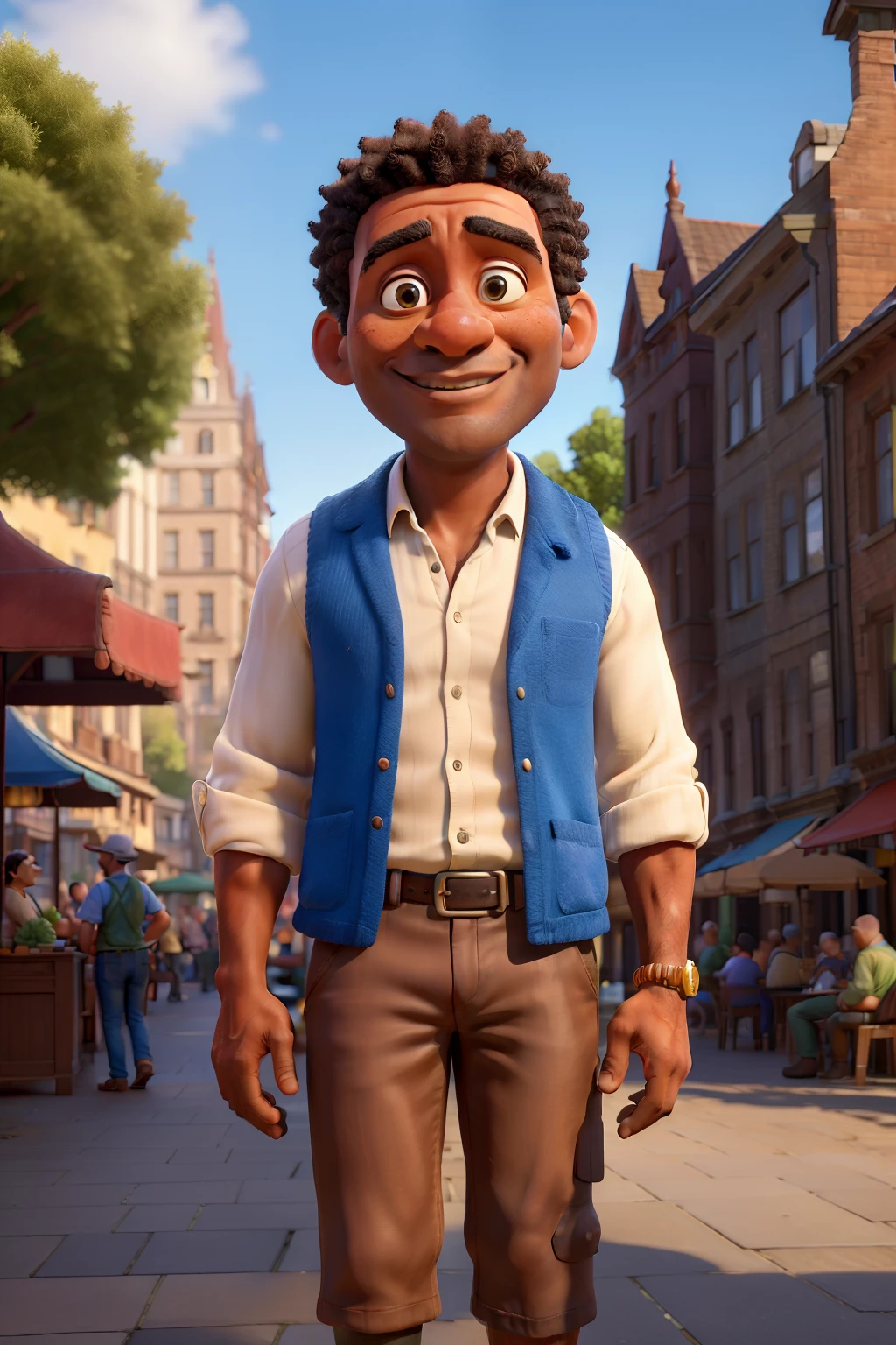 (masterpiece:1.2),high-resolution,ultra-detailed,realistic,portrait,afro-american middle-aged man,bald,blue vest,in a square,heritage buildings,vibrant atmosphere,cobblestone streets,people enjoying outdoor activities,lively ambiance,abundance of flowers,colorful storefronts,architectural elegance,historical charm,beautiful light and shadow play,red brick facades,ornate lampposts,old wooden benches,street performers,impressive sculptures,relaxing atmosphere,sunlit plaza,bustling market stalls,lovely outdoor cafes,happy conversations,fleeting smiles,peaceful setting.