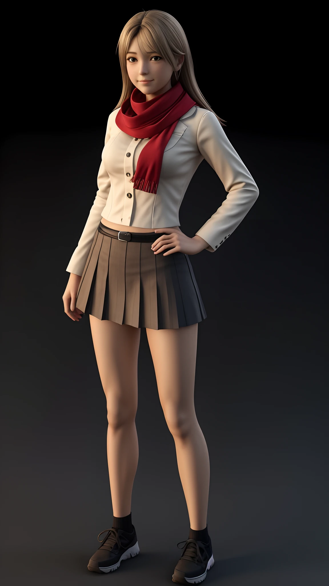 Anime girl in a school uniform with a red scarf, single character full body, render de uma menina anime 3d bonito, Chiaki Nanami, Danganronpa, full body single character, Yayoi Kasuma, !!retrato de corpo inteiro!!, retrato de corpo inteiro de um curto!, Anime estilo 3D, personagem principal, corpo completo do personagem
