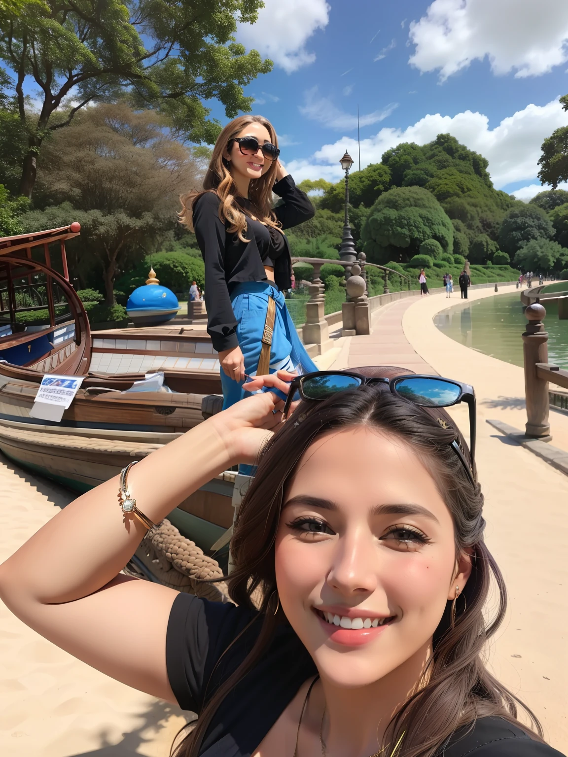 Smiling woman with sunglasses on her head standing in front of a boat, Selfie, Magali Villeneuve e Monet, Parque em segundo plano, com um parque ao fundo, foto Selfie, em um parque, no parque, com um parque nos fundos, vacation photo, no parque em um belo dia, no Parque, taken in zoo, non blurry