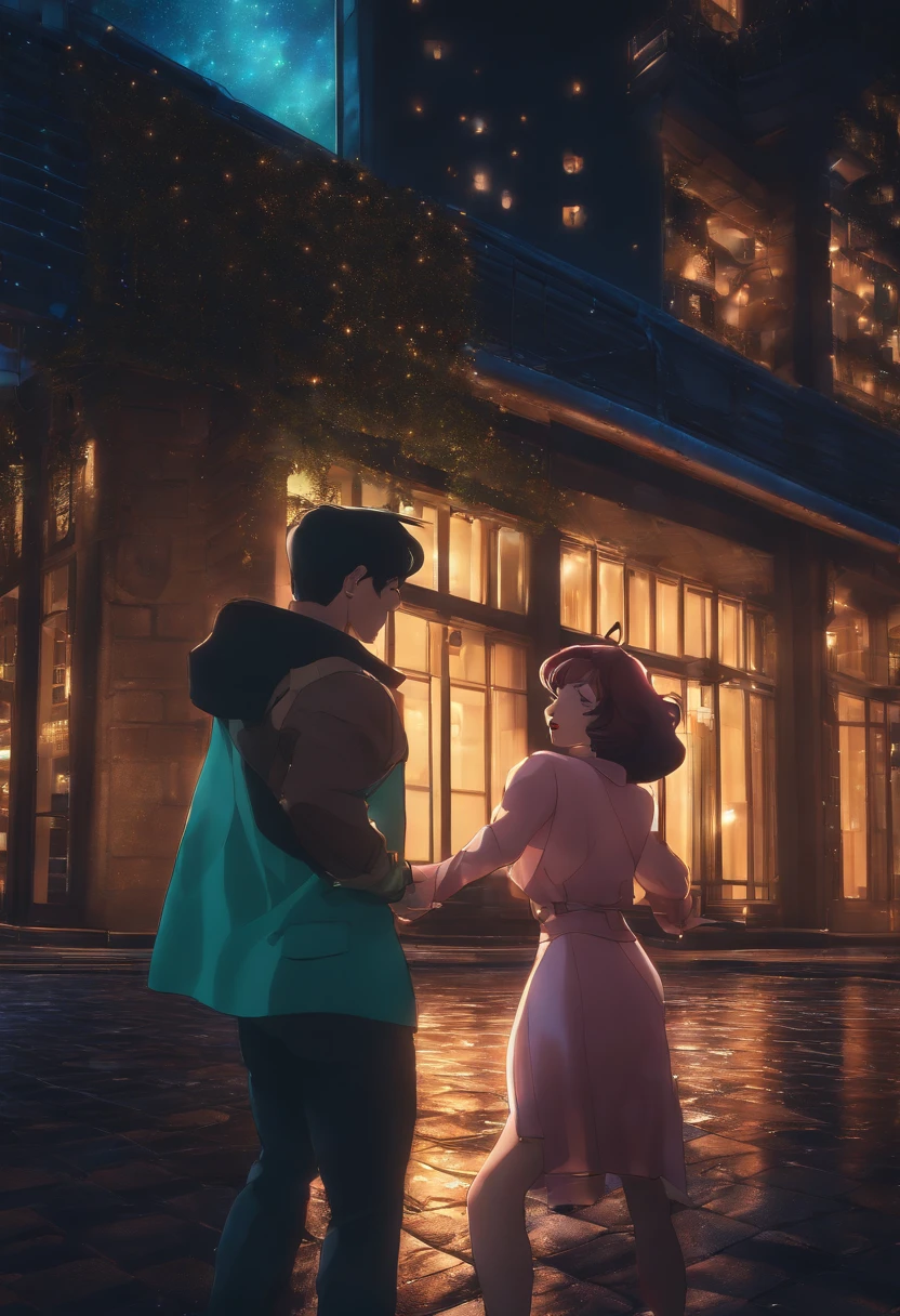 Urusei Yatsura、Ram-chan、cyberpunked, Beautiful couple in the buildings roof on the cyberpunk retro city、they are dancing in front of the stars in the ultra-realistic window at night,8K,Ultra-high definition,Pixar style,High Definition,16:9