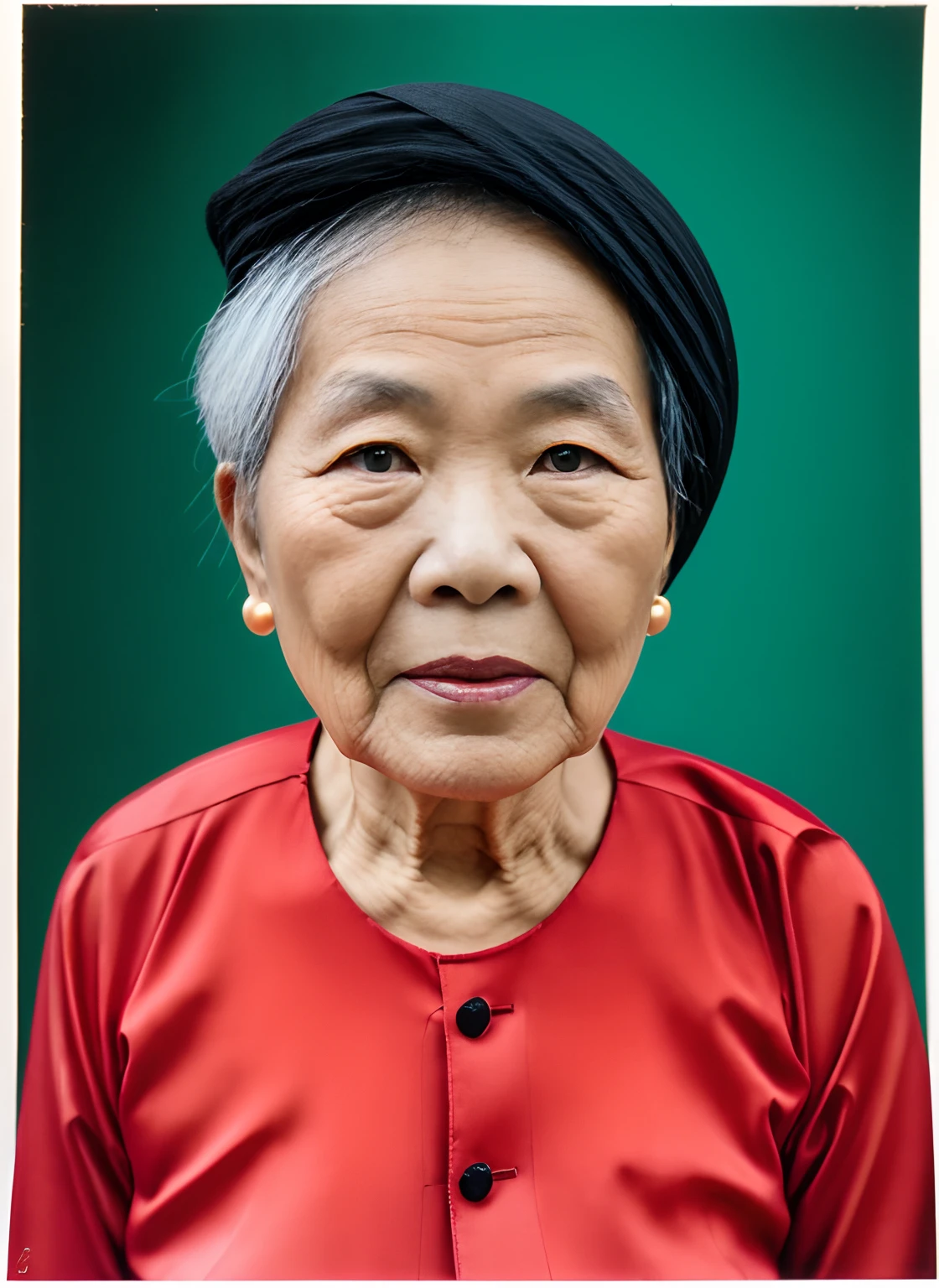 Highly realistic photo, Portrait photo of a 80-year-old Vietnamese woman, (wearing a brown 1975s Vietnam blouse), ((black turban)) on black hair, ((dark blue background)), photo taken in 1975 by kodak.