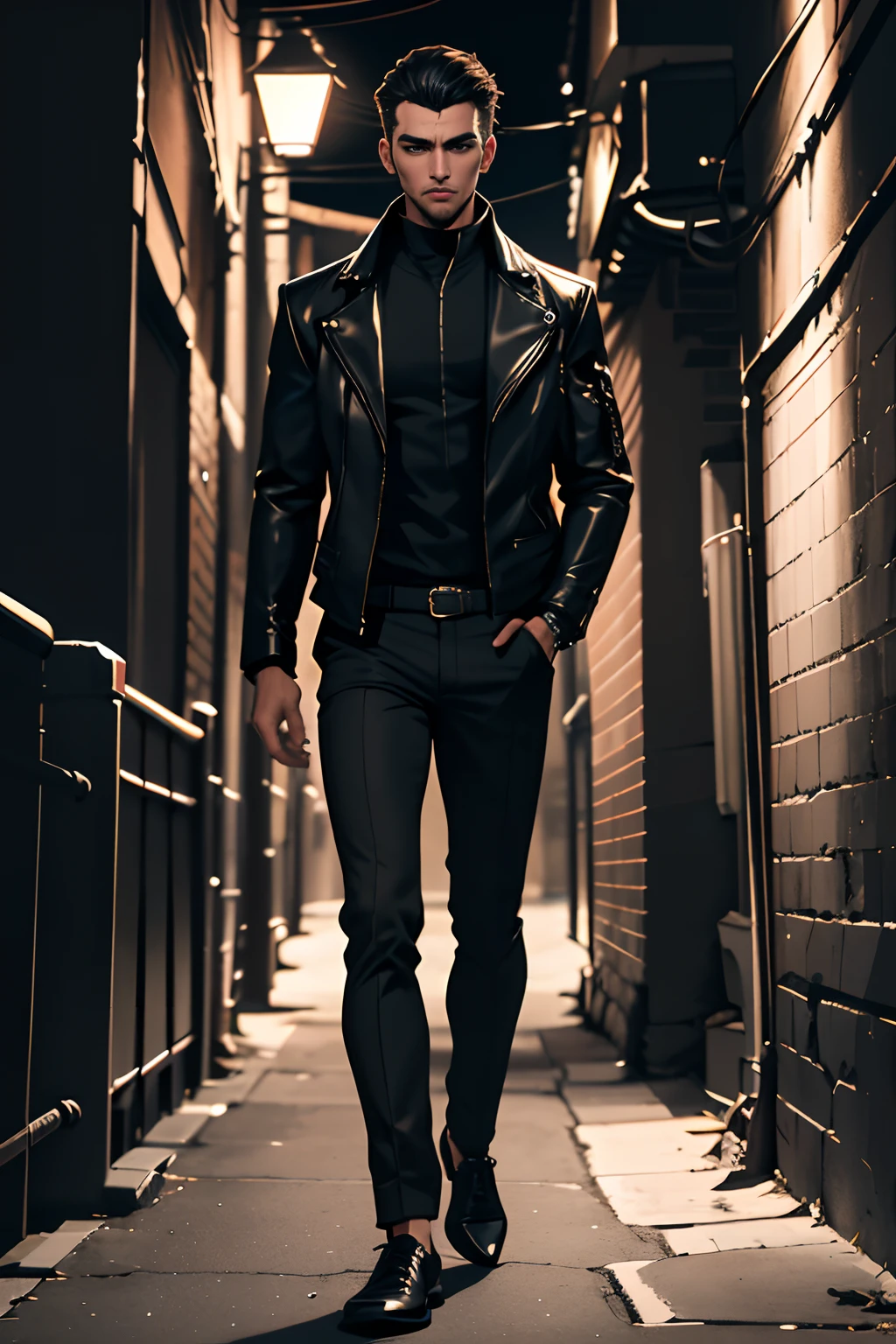 Ah, I see! The handsome guy is wearing a black jacket and standing in a dark alley at night. That color choice can be quite stylish and versatile.