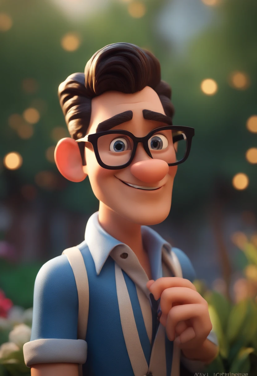 Cartoon character of a man with black glasses and a blue shirt, animation character, Caractere estilizado, animation style rendering, 3D estilizado, Arnold Maya render, 3 d render stylized, toon render keyshot, Personagem 3D, Personagem 3D, 3d rendering stylized, 3 d character render, personagem de desenho animado, Personagem de close up, Pose de personagem,  (Estilo Pixar) (master part:1.2) (Bokeh) (best quality) (pele detalhada) (textura detalhada) (8k) (argila) (Cinematic lighting) (foco nítido