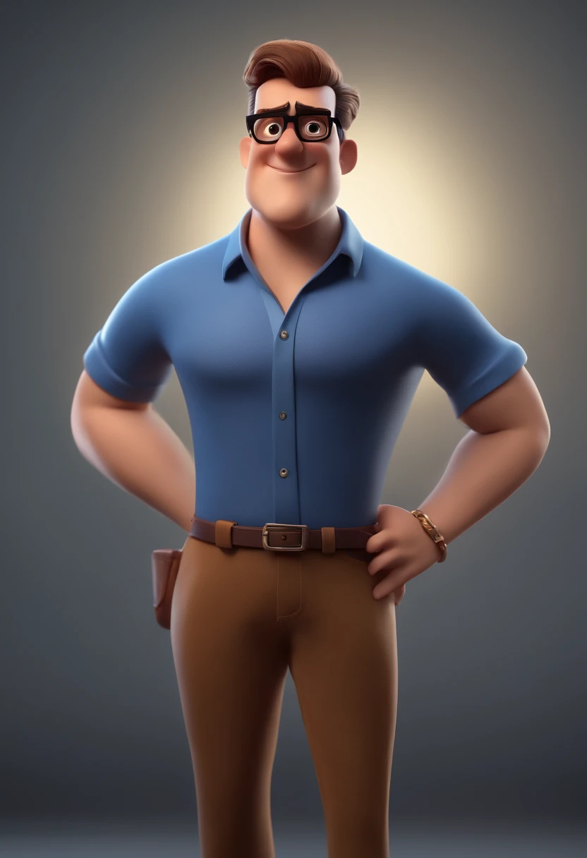 Cartoon character of a man with black glasses and a blue shirt, animation character, Caractere estilizado, animation style rendering, 3D estilizado, Arnold Maya render, 3 d render stylized, toon render keyshot, Personagem 3D, Personagem 3D, 3d rendering stylized, 3 d character render, personagem de desenho animado, Personagem de close up, Pose de personagem,  (Estilo Pixar) (master part:1.2) (Bokeh) (best quality) (pele detalhada) (textura detalhada) (8k) (argila) (Cinematic lighting) (foco nítido