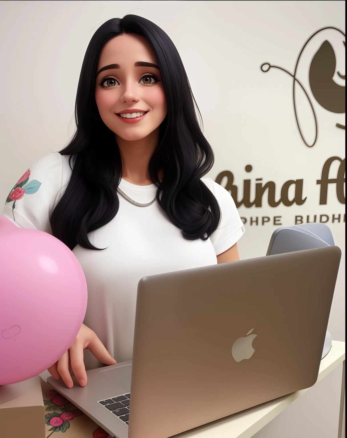 Uma mulher de 30 anos, com cabelos castanhos cumpridos, Rosto redondo, rosto redondo com sorriso encantador, e olhos castanhos, com um macbook, blusa branca de manga