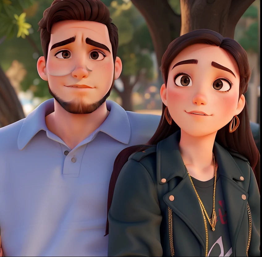 Young couple with sunglasses and passionate look. O jovem rapaz tem barba no rosto todo. The two of them are in a very beautiful background landscape