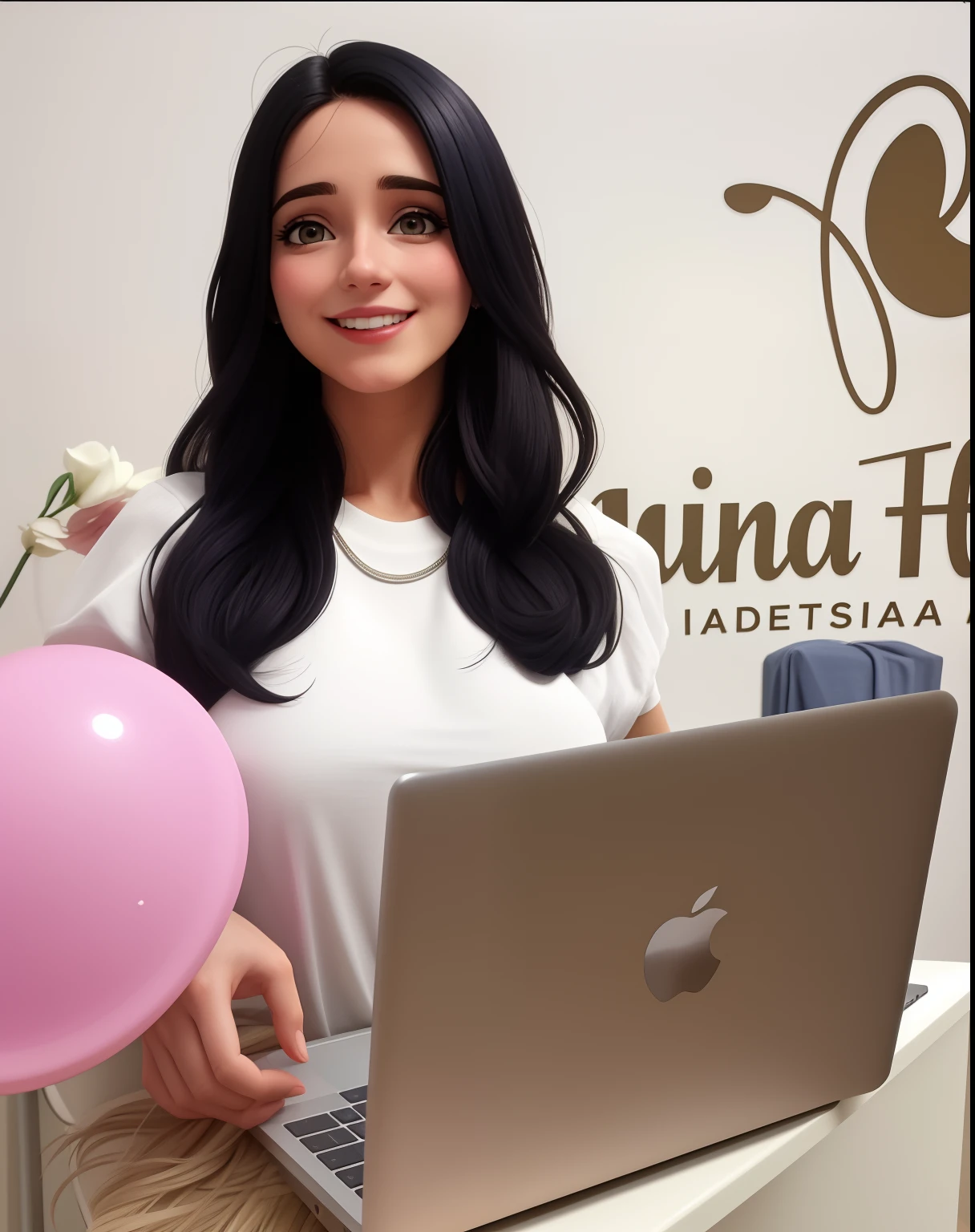 Uma mulher de 30 anos, com cabelos castanhos cumpridos, Rosto redondo, rosto redondo com sorriso encantador, e olhos castanhos, com um macbook, blusa branca de manga