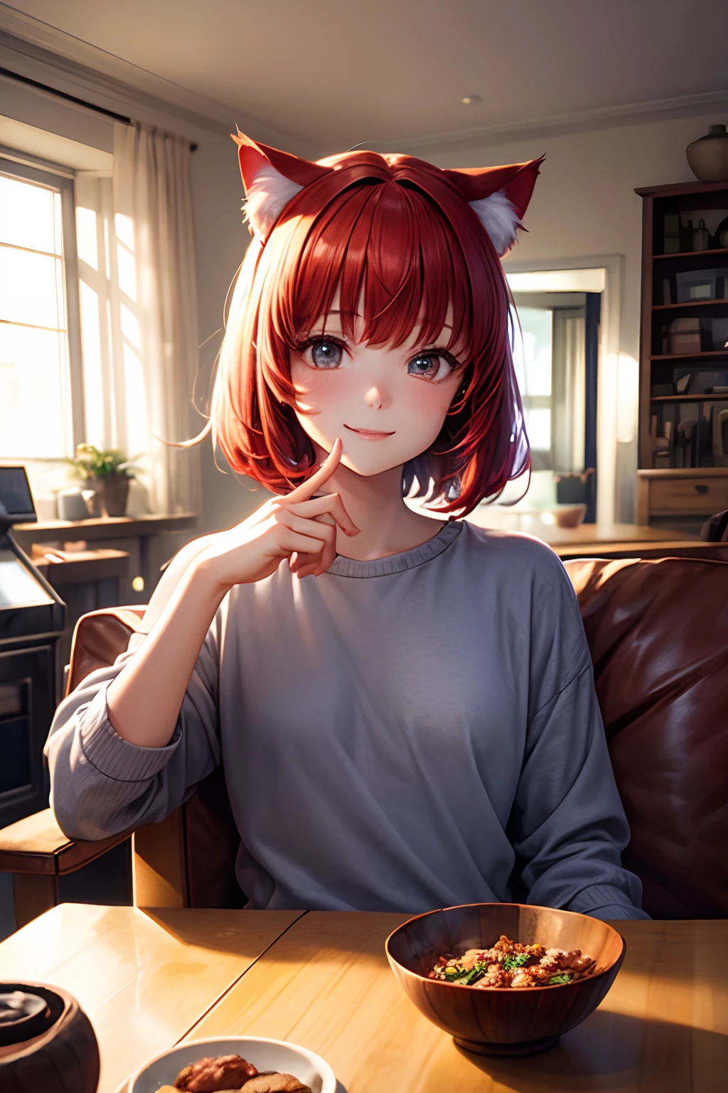 Top quality, high resolution, perfect human anatomy, background focus, front view, glowing hair, red hair, bowl cut hair, cat ears, happy smile, sitting upright, living room, heart-shaped eyes