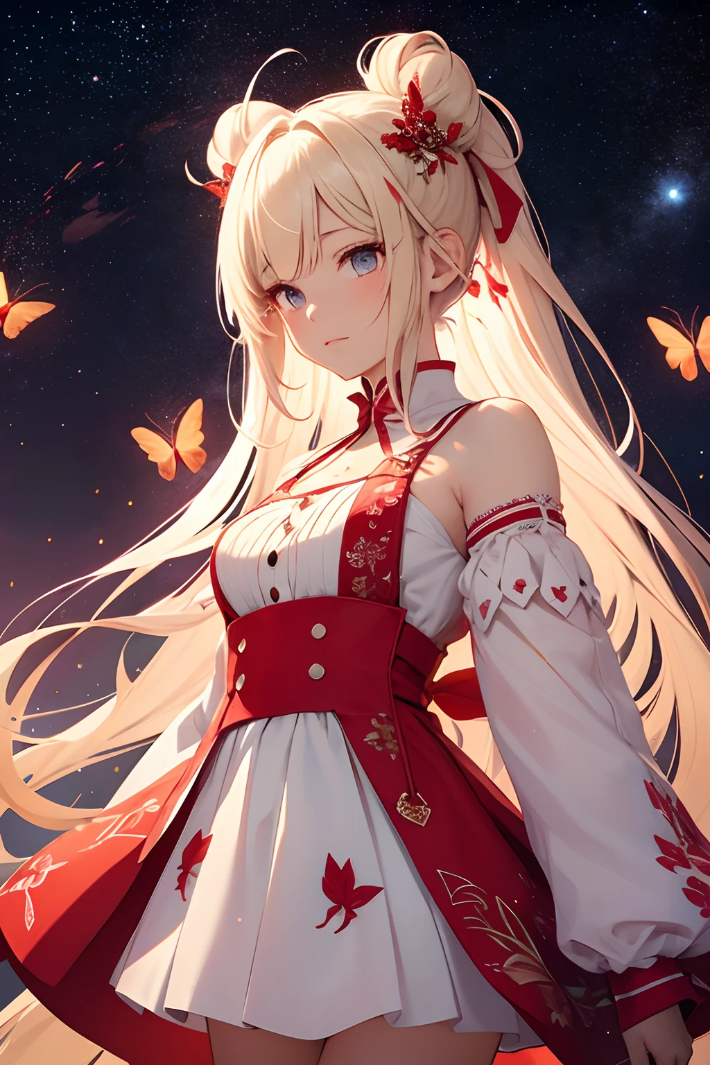 masterpiece、a beauty girl、Red butterflies in a white mini dress with a slit々Embroidery、Blonde Long、Red butterflies with hair tied up in a bun々Pin in、Background with((Fantastic starry sky、kosmos、black hole))、heavy wind